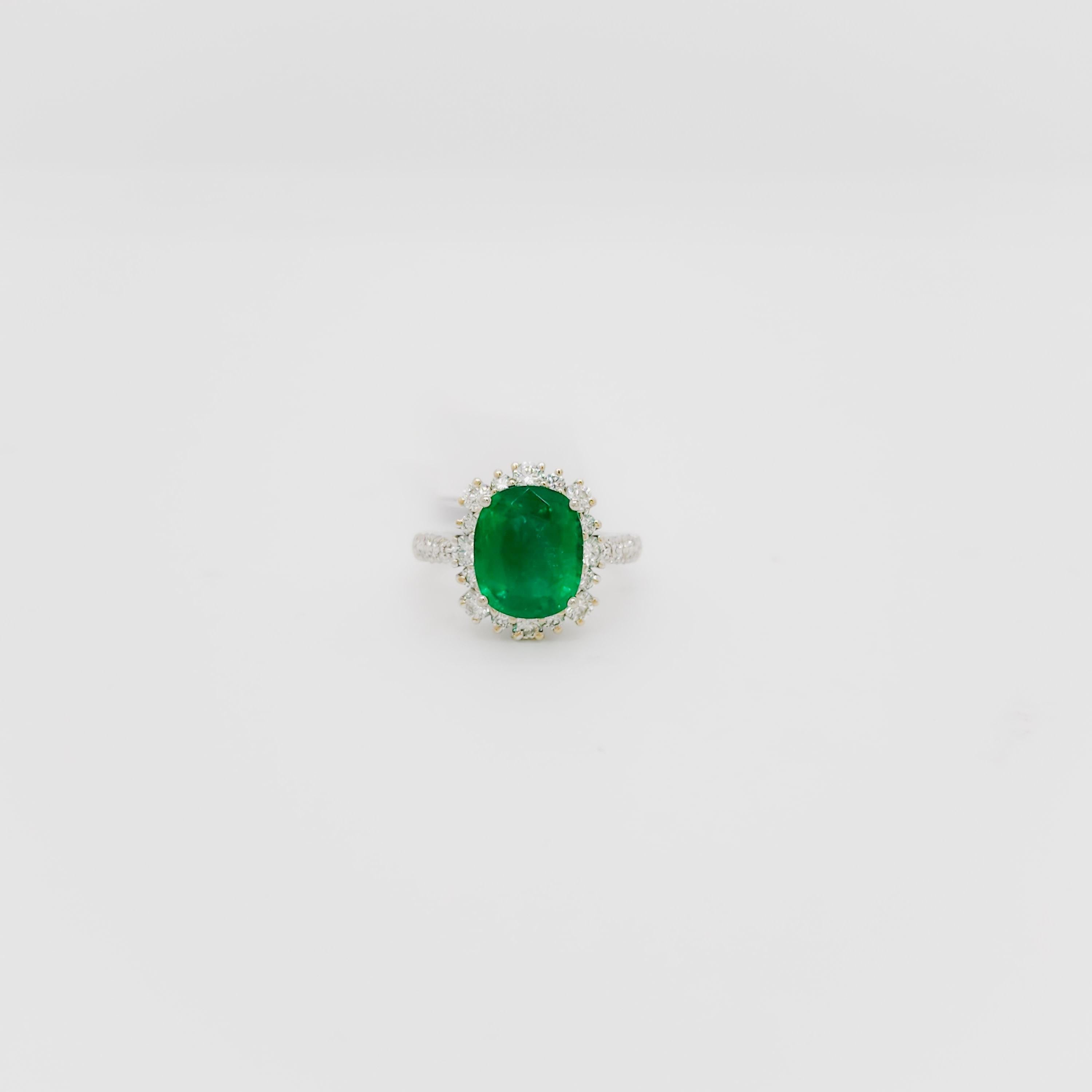 Oval Cut Emerald Oval and White Diamond Cocktail Ring in 18k White Gold For Sale