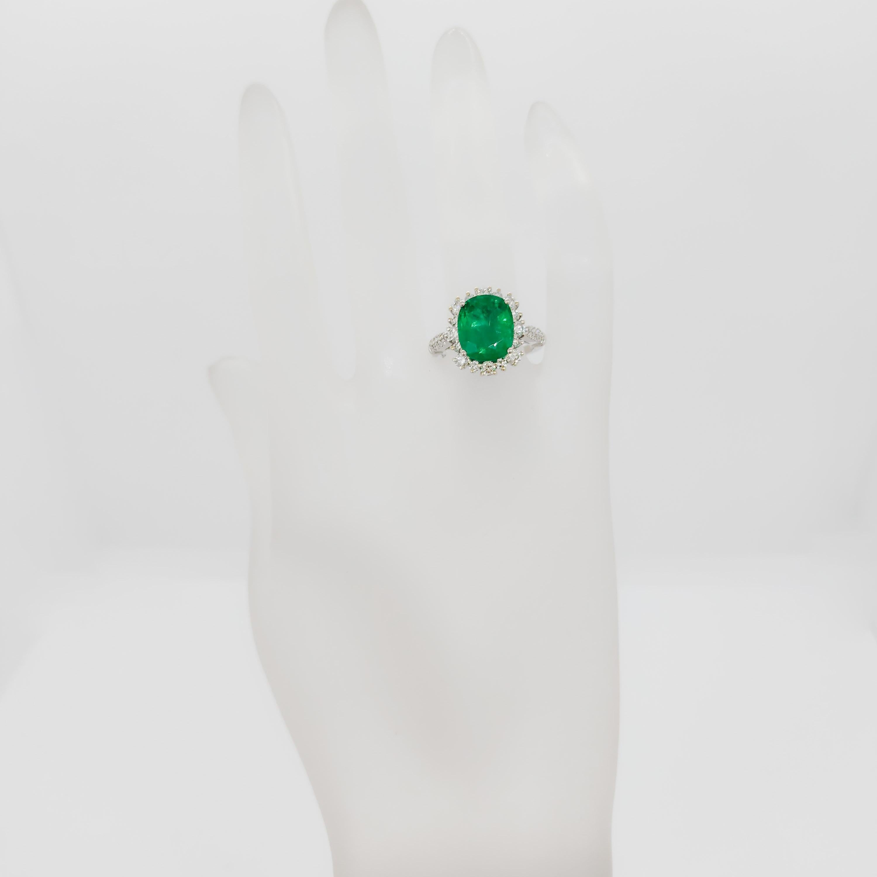 Emerald Oval and White Diamond Cocktail Ring in 18k White Gold For Sale 1