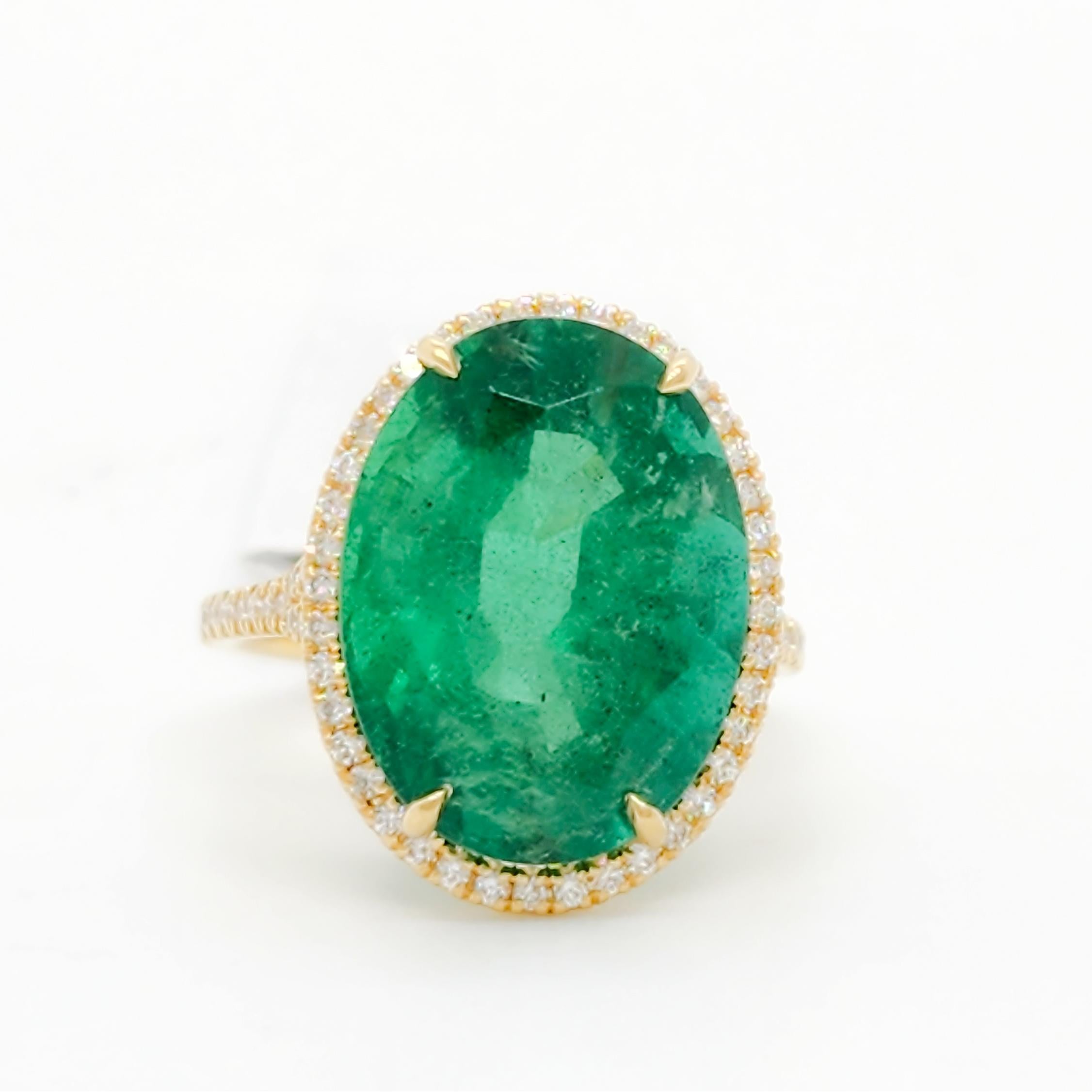 Oval Cut Emerald Oval and White Diamond Cocktail Ring in 18k Yellow Gold For Sale