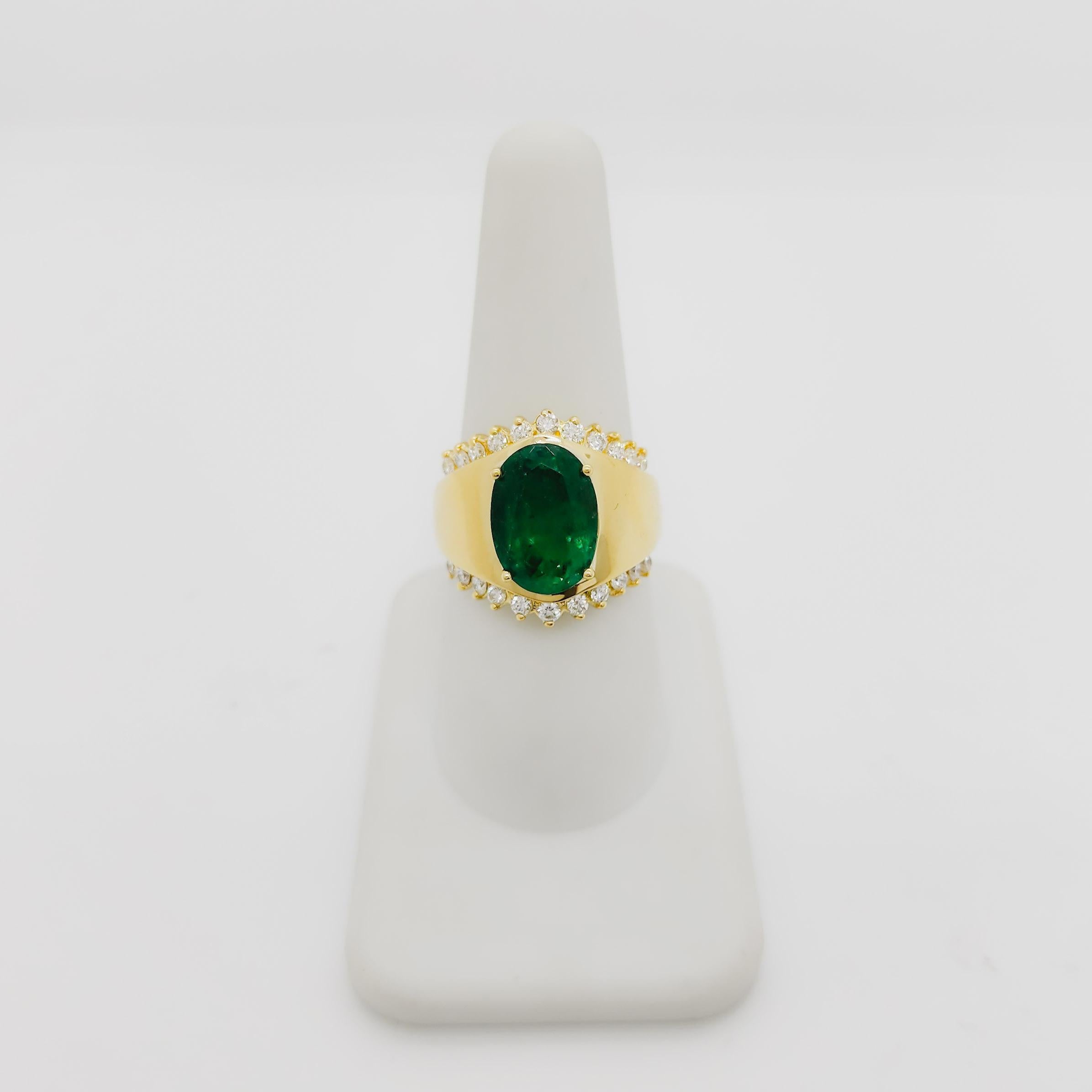 Women's or Men's Emerald Oval and White Diamond Cocktail Ring in 18k Yellow Gold For Sale