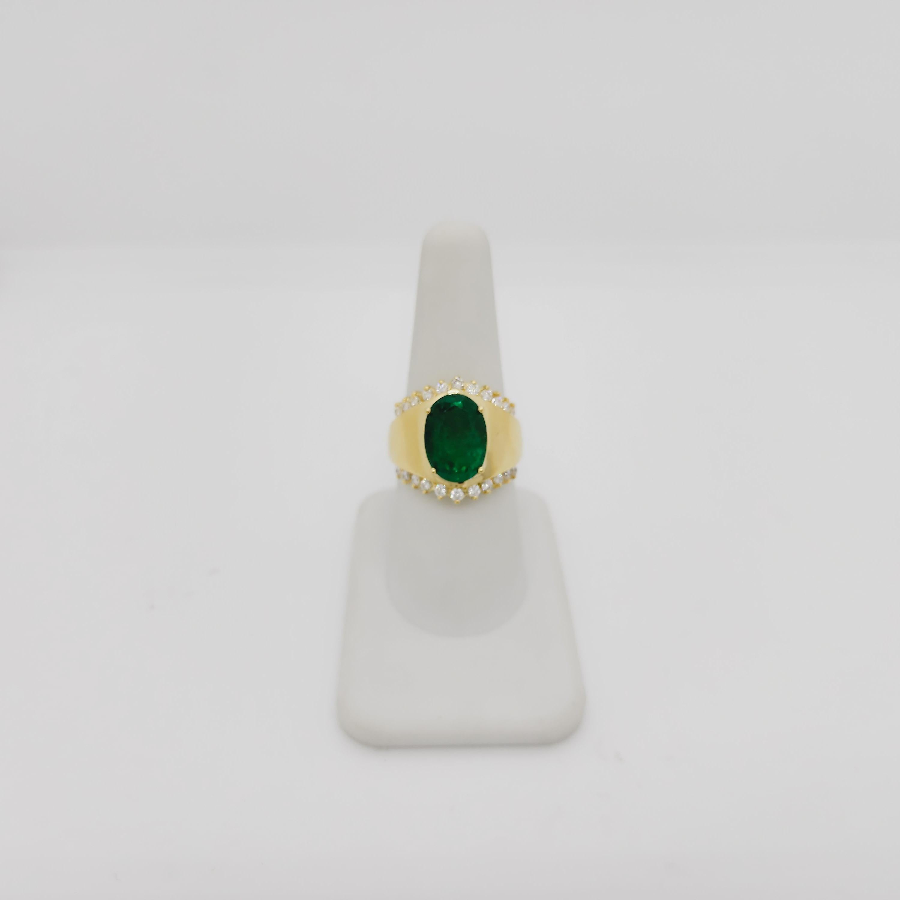 Emerald Oval and White Diamond Cocktail Ring in 18k Yellow Gold For Sale 1