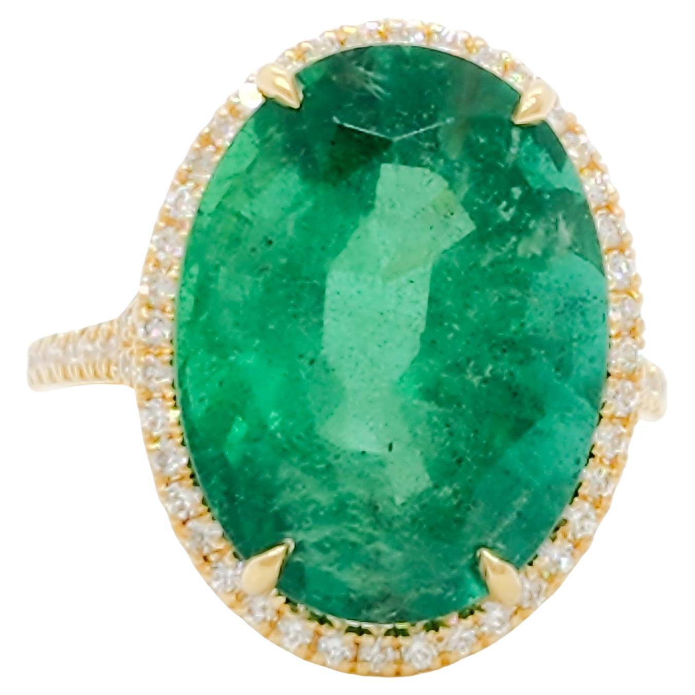 Emerald Oval and White Diamond Cocktail Ring in 18k Yellow Gold For Sale