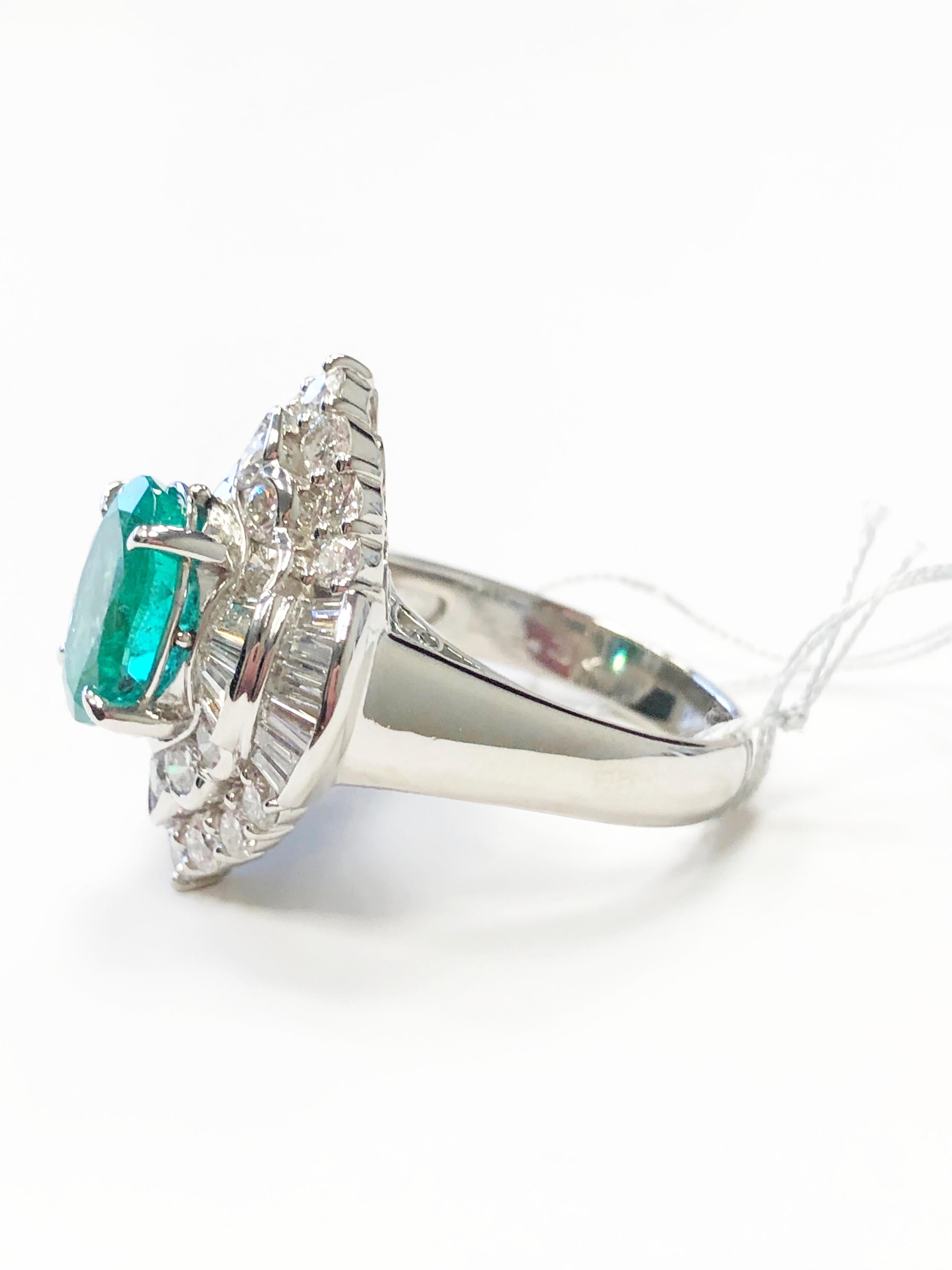 Women's or Men's Emerald Oval and White Diamond Cocktail Ring in Platinum