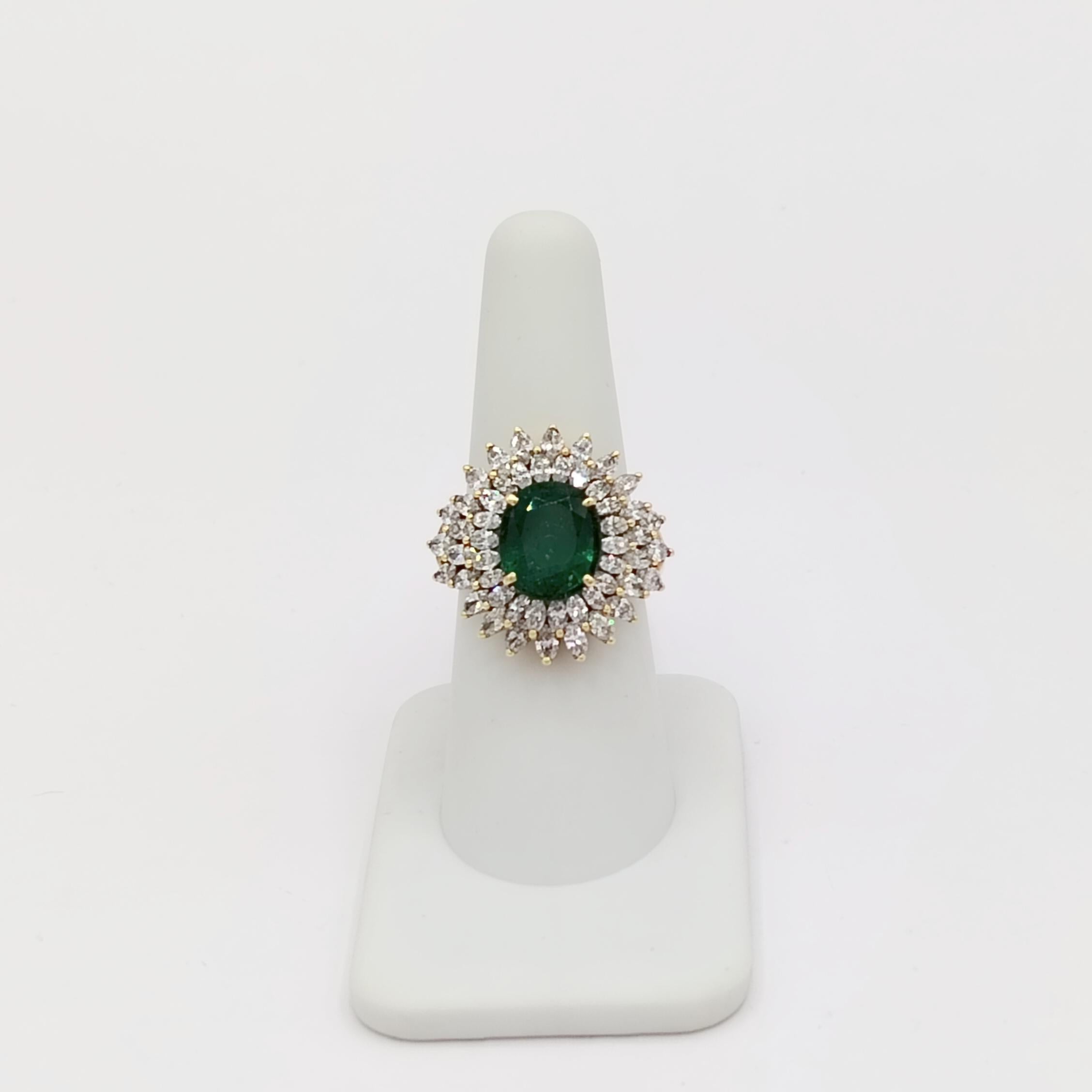 Oval Cut Emerald Oval and White Diamond Marquise Cocktail Ring in 18K Yellow Gold For Sale