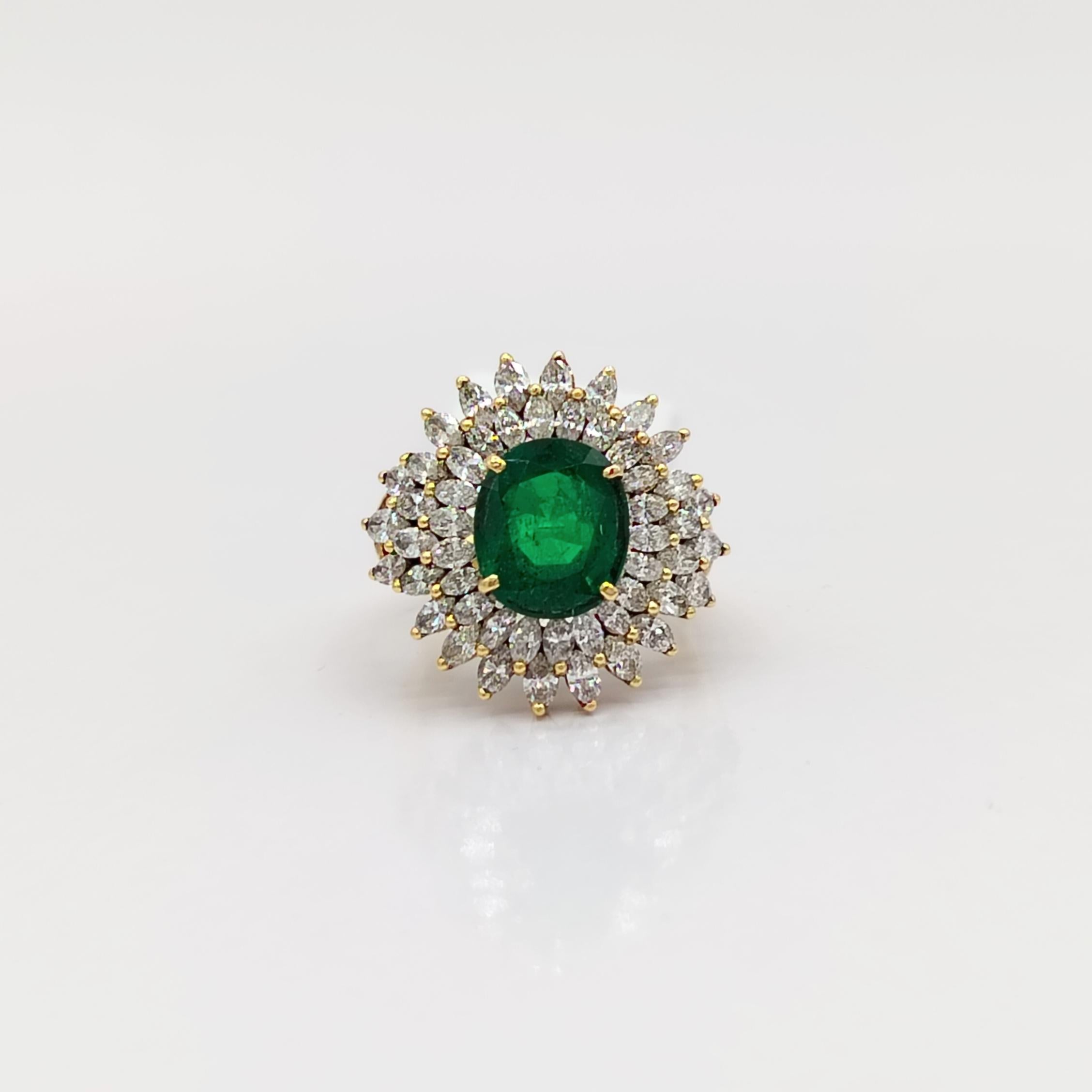 Women's or Men's Emerald Oval and White Diamond Marquise Cocktail Ring in 18K Yellow Gold For Sale