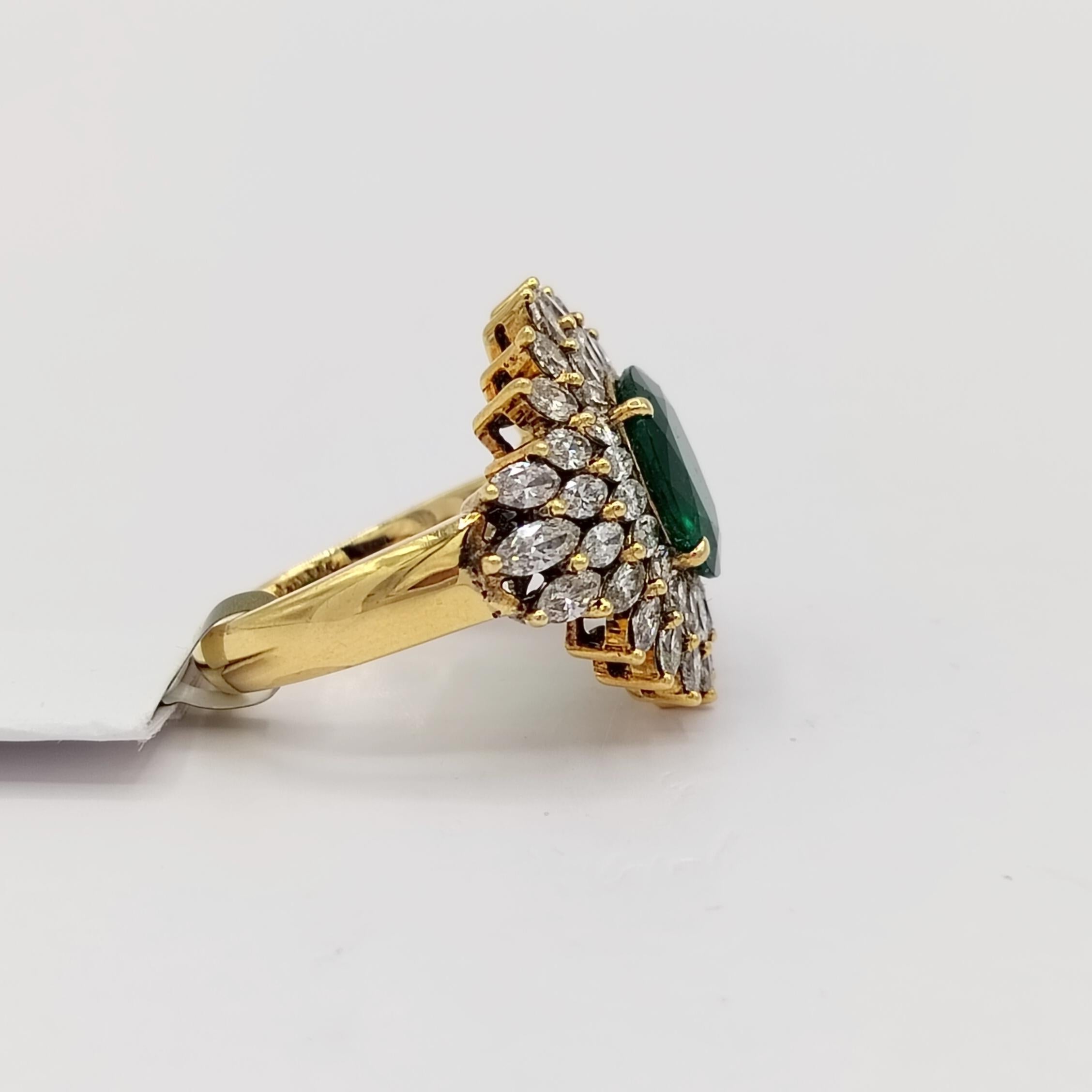Emerald Oval and White Diamond Marquise Cocktail Ring in 18K Yellow Gold For Sale 2