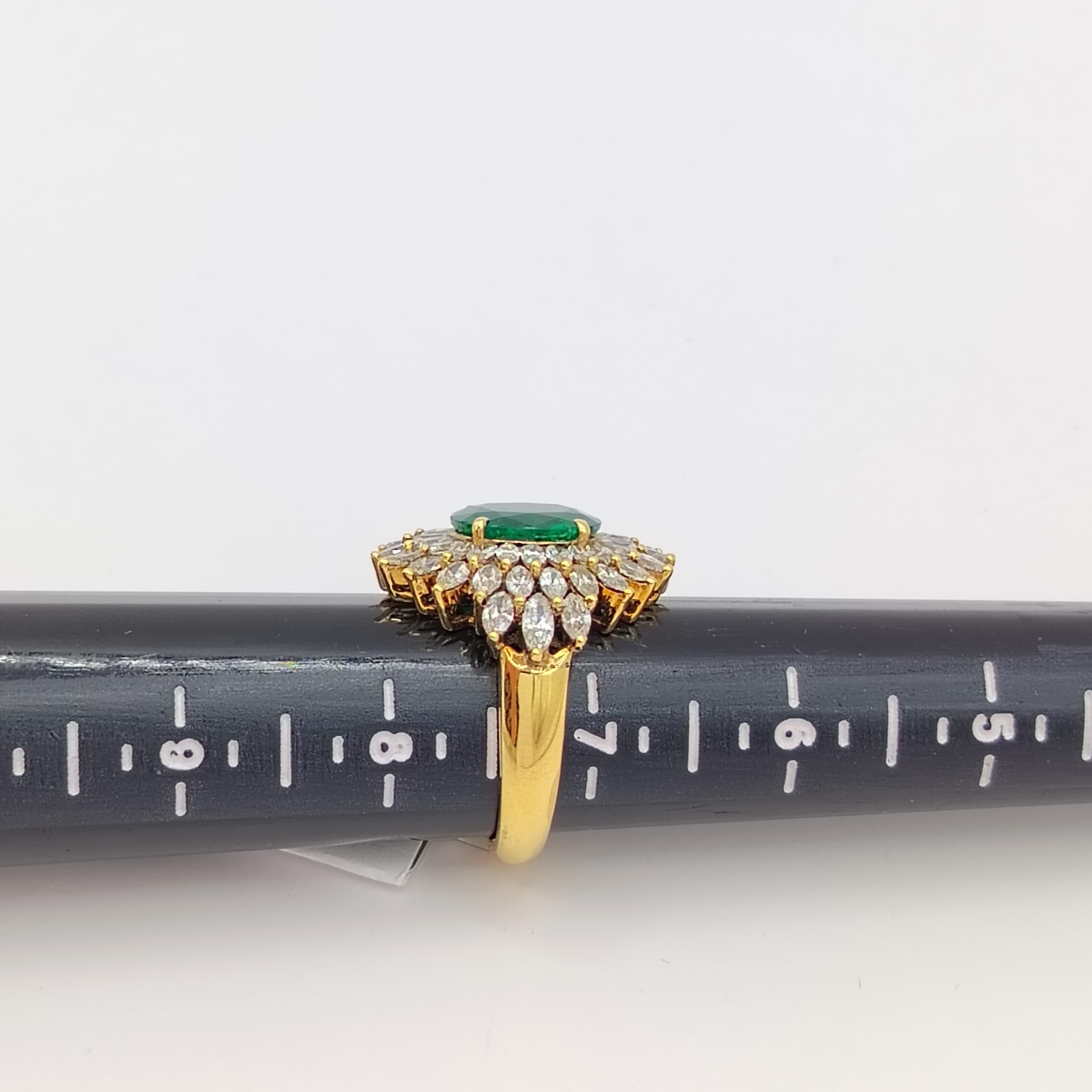 Emerald Oval and White Diamond Marquise Cocktail Ring in 18K Yellow Gold For Sale 3