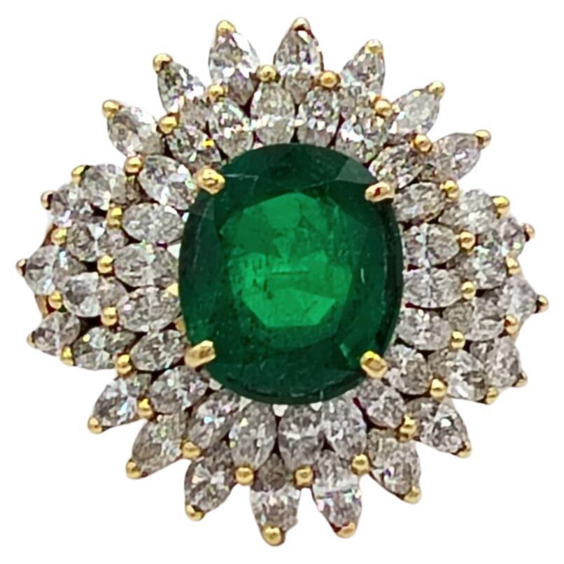 Emerald Oval and White Diamond Marquise Cocktail Ring in 18K Yellow Gold For Sale