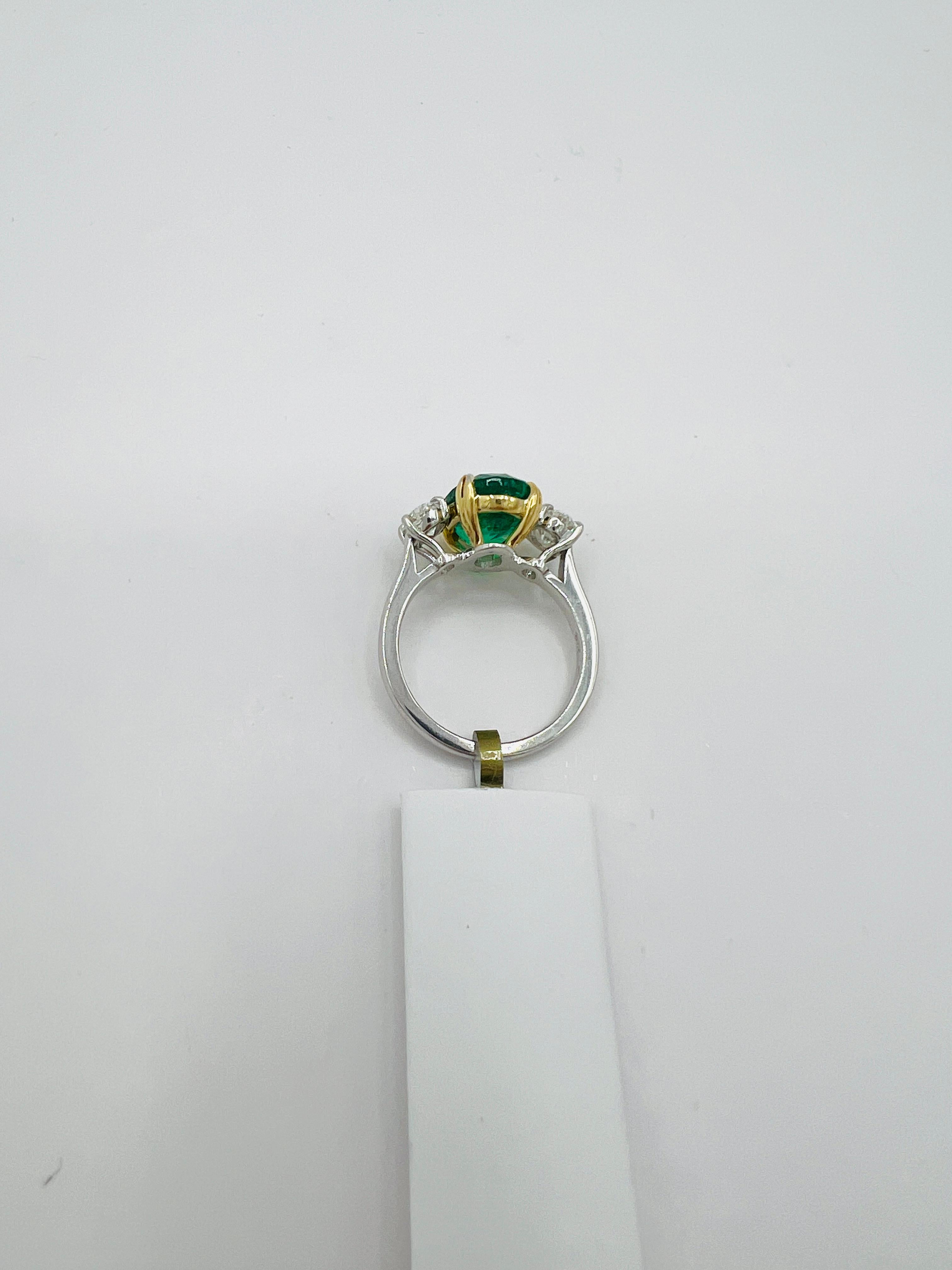 Women's or Men's Emerald Oval and White Diamond Oval Three Stone Ring in Platinum & 18K Gold For Sale