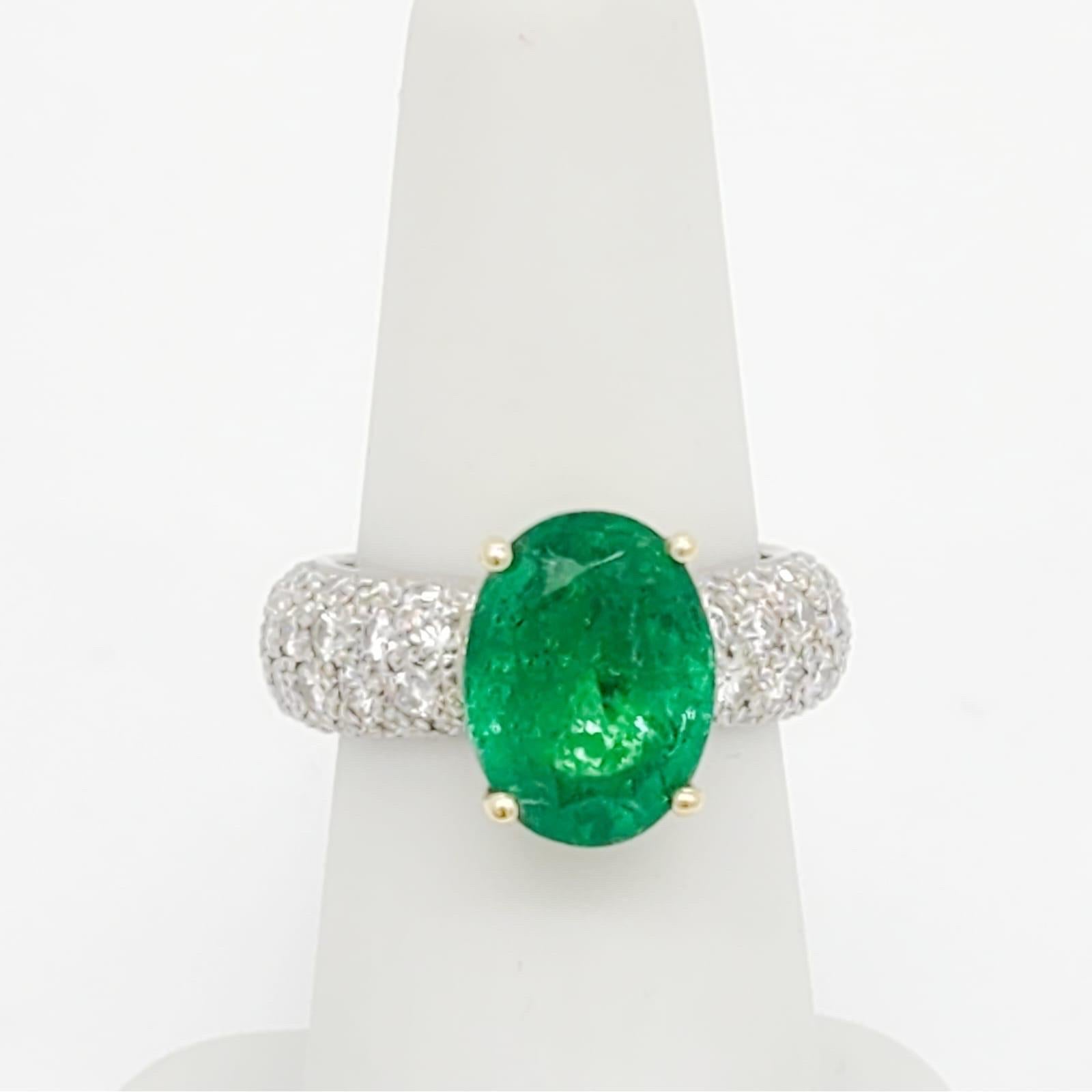 Oval Cut Emerald Oval and White Diamond Pave Cocktail Ring in Platinum and 18k For Sale
