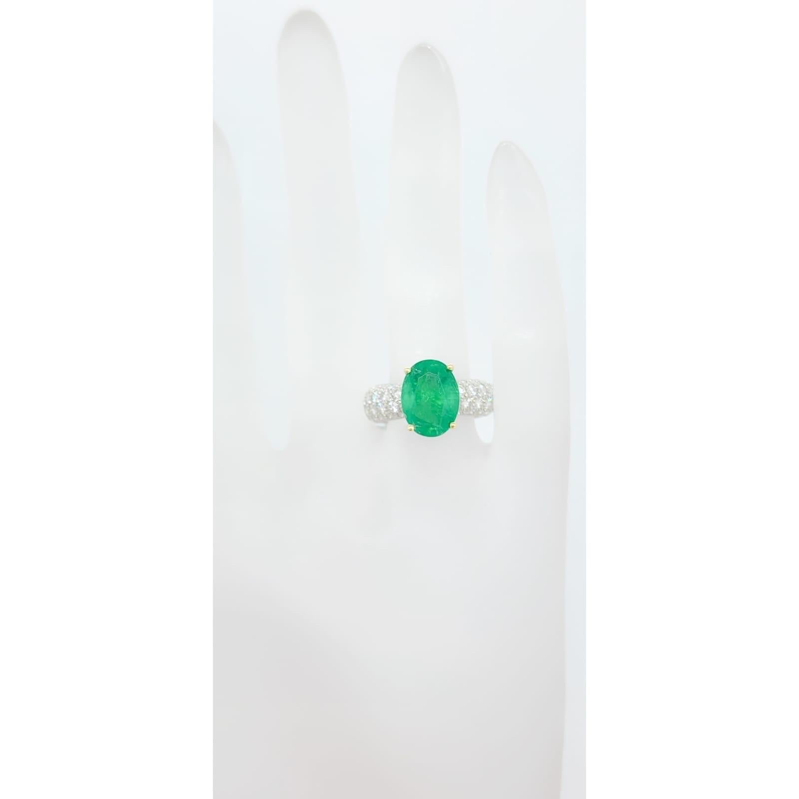 Emerald Oval and White Diamond Pave Cocktail Ring in Platinum and 18k In New Condition For Sale In Los Angeles, CA