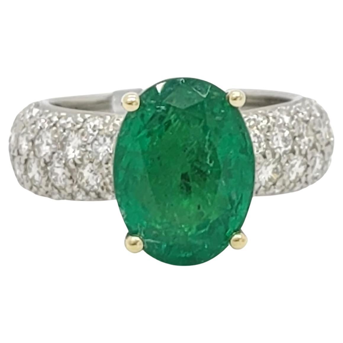 Emerald Oval and White Diamond Pave Cocktail Ring in Platinum and 18k For Sale