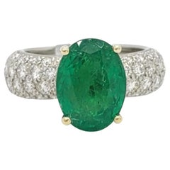 Emerald Oval and White Diamond Pave Cocktail Ring in Platinum and 18k