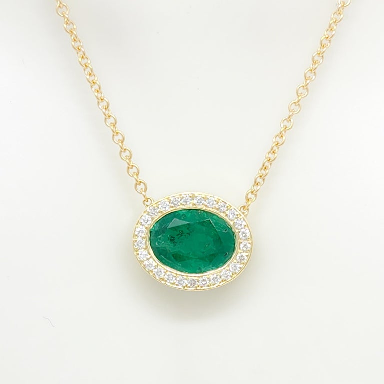 Emerald Oval and White Diamond Pendant Necklace in 18k Yellow Gold For ...