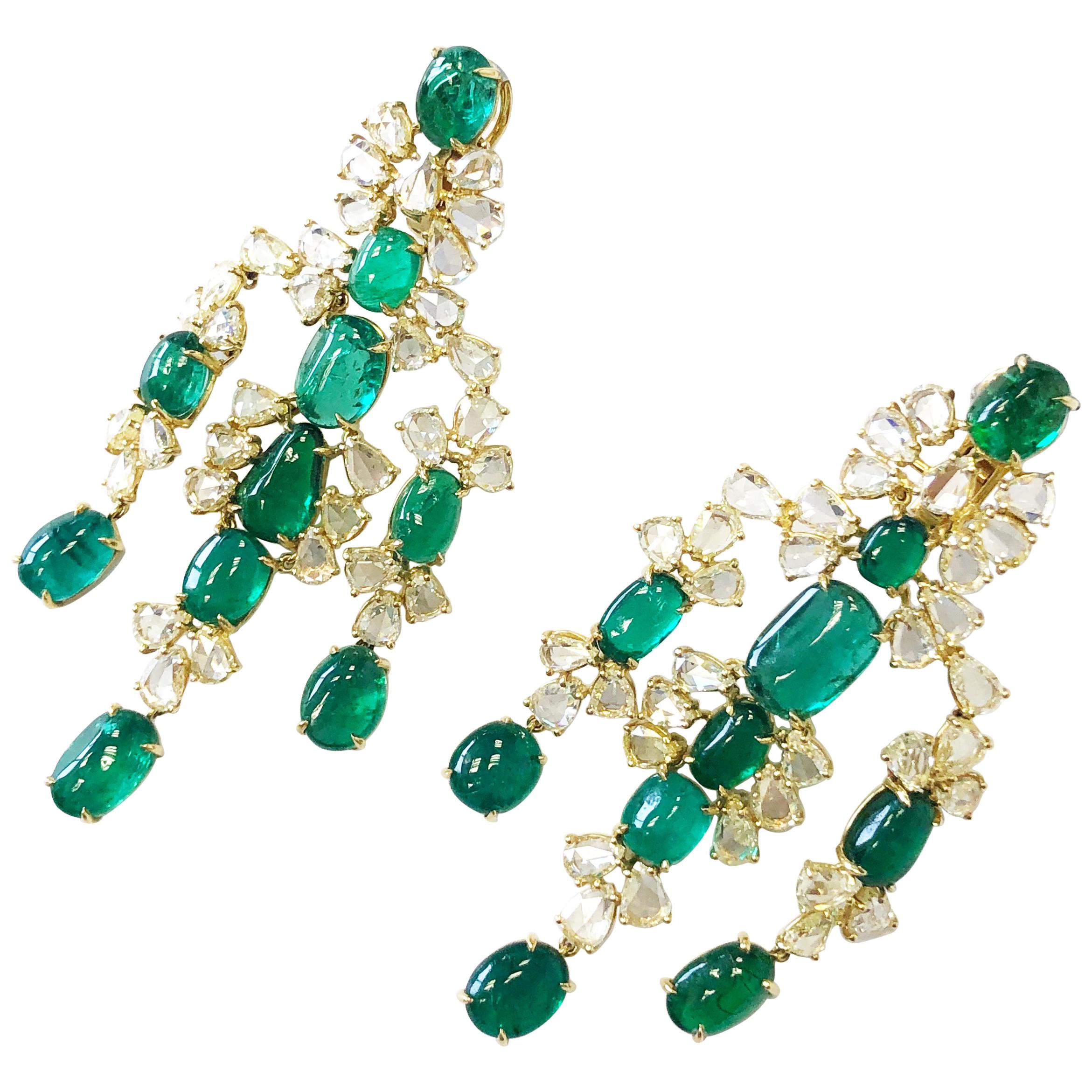 Emerald Oval Cabochon and Diamond Rose Cut Earrings in 18 Karat Yellow Gold