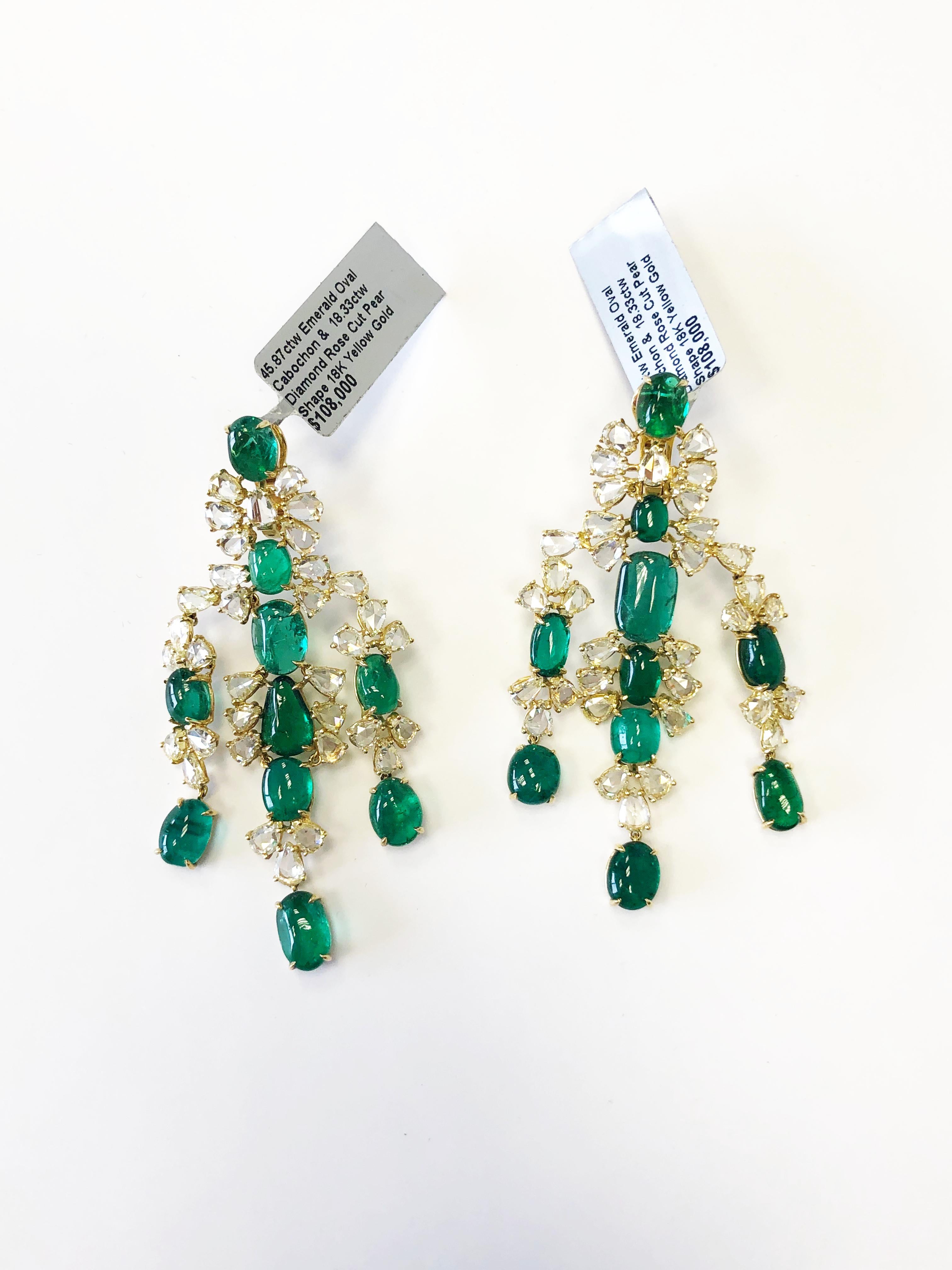 Stunning emerald oval cabochon earrings with 45.87 carats of good quality, bright green emeralds and 18.33 carats of good quality rose cut pear shape diamonds.  Handmade beautifully with minimal gold and maximum flexibility.  Ideal for someone who