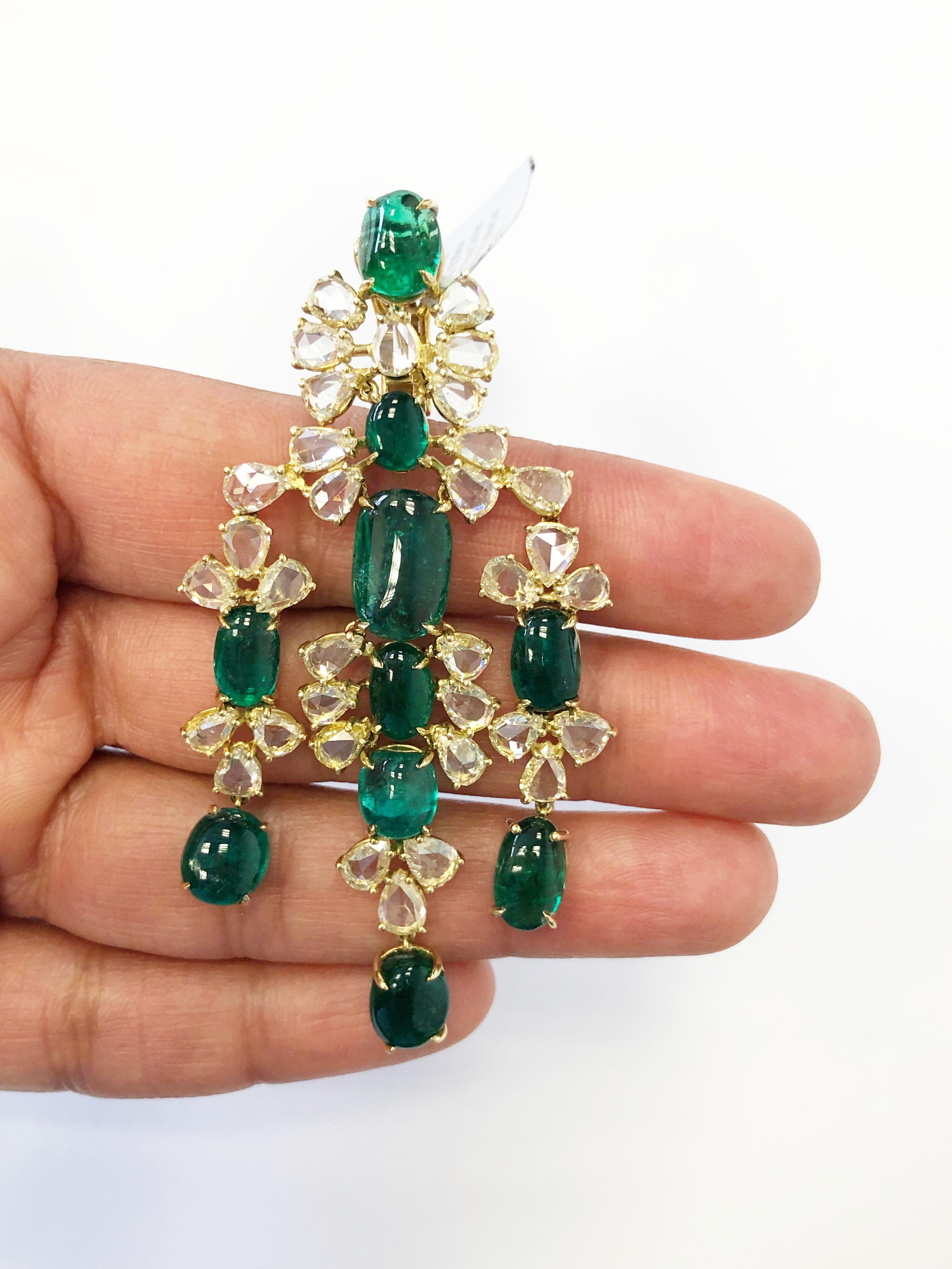Pear Cut Emerald Oval Cabochon and Diamond Rose Cut Earrings in 18 Karat Yellow Gold