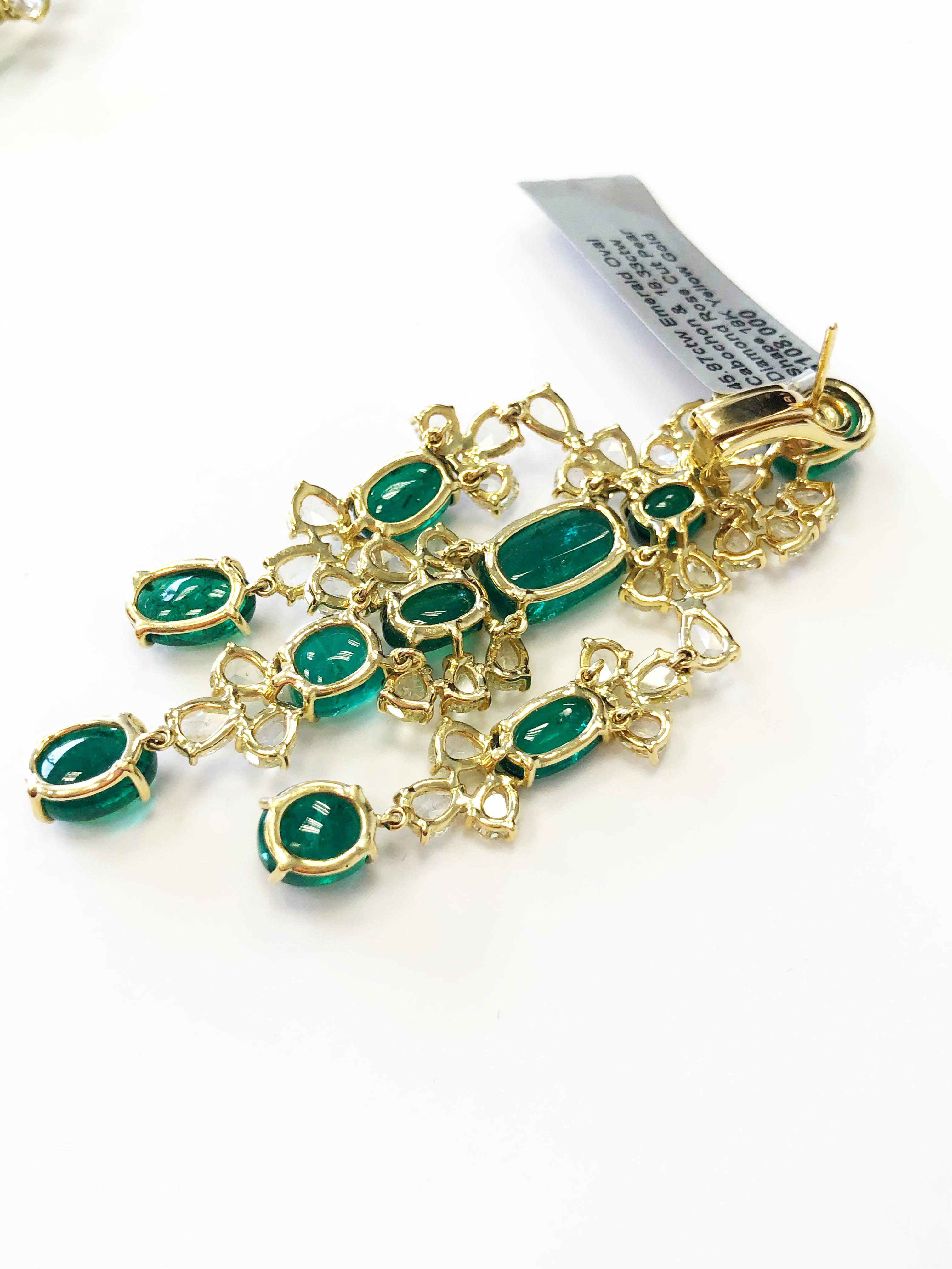 Emerald Oval Cabochon and Diamond Rose Cut Earrings in 18 Karat Yellow Gold In New Condition In Los Angeles, CA