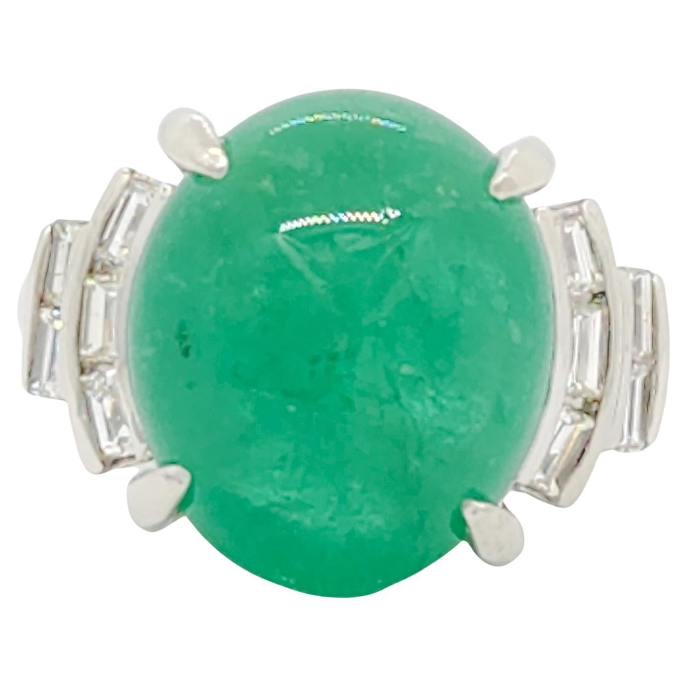 Emerald Oval Cabochon and White Diamond Baguette Cocktail Ring in Platinum