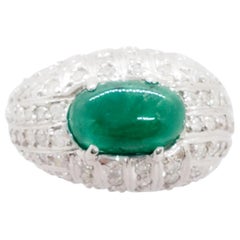 Emerald Oval Cabochon and White Diamond Cocktail Ring in 18 Karat White Gold