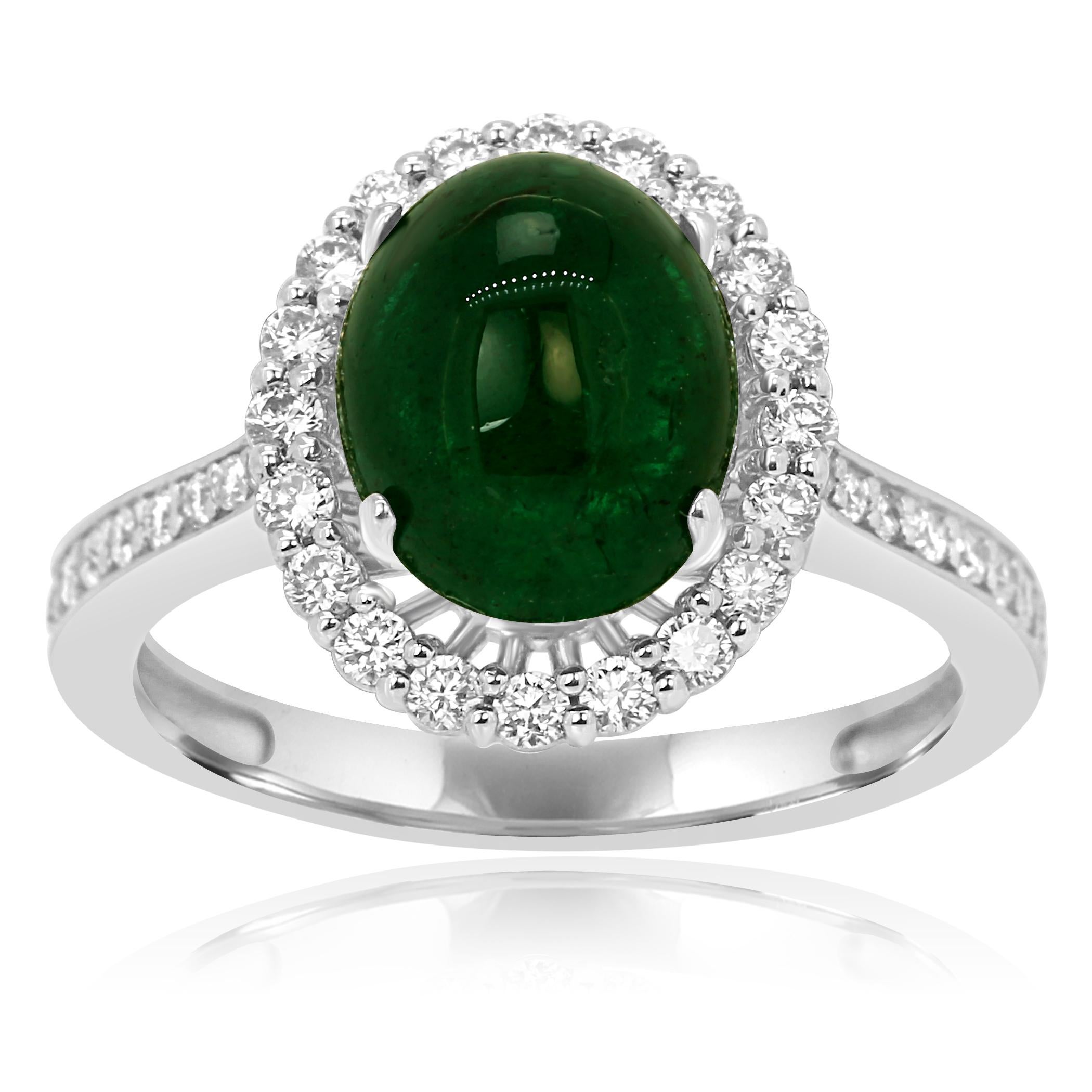 Gorgeous Emerald Oval Cabochon 3.06 Carat encircled in White Colorless Diamond VS-SI clarity 0.48 Carat Set in 14K White Gold Bridal Fashion Cocktail Ring 

Style available in different price ranges. Prices are based on your selection of 4C's Cut,