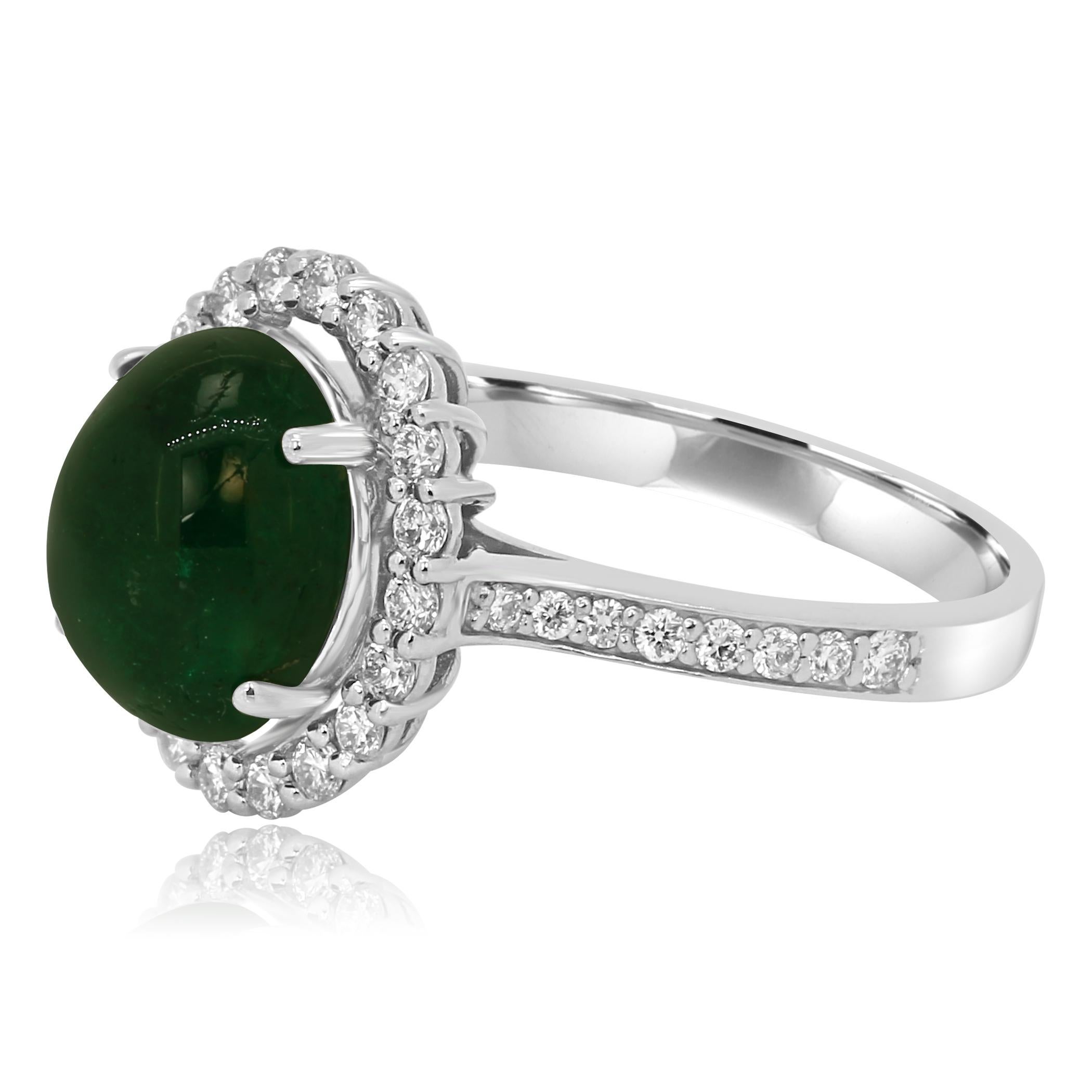 Modern Emerald Oval Cabochon Diamond Halo White Gold Fashion Bridal Cocktail Ring