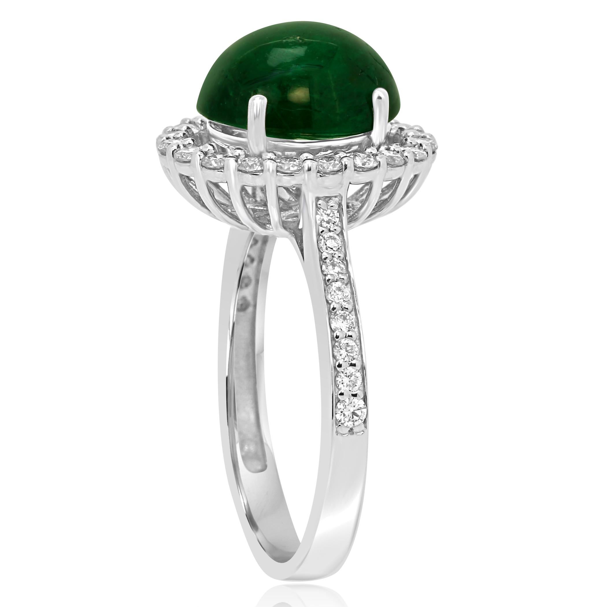 Emerald Oval Cabochon Diamond Halo White Gold Fashion Bridal Cocktail Ring In New Condition In NEW YORK, NY
