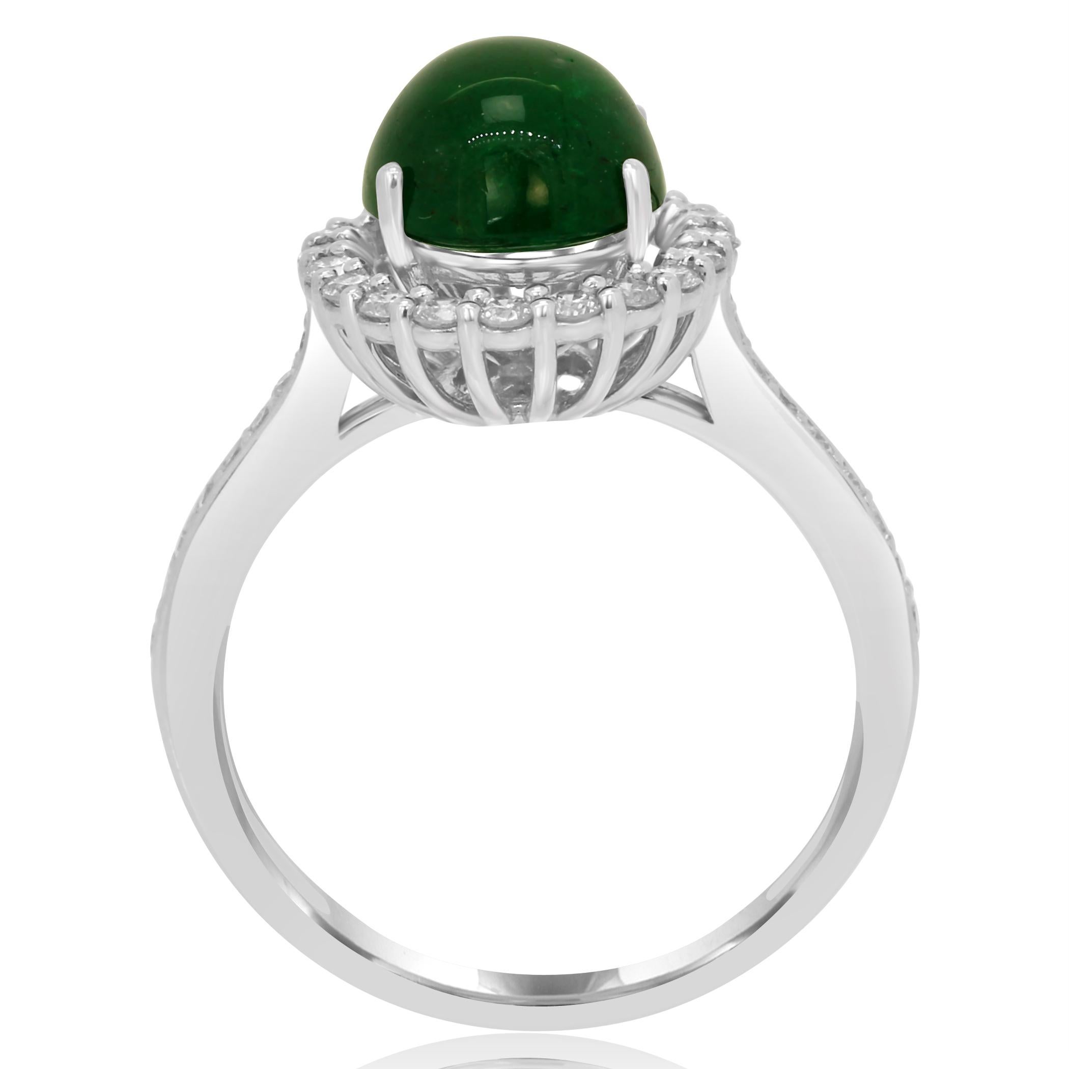 Women's or Men's Emerald Oval Cabochon Diamond Halo White Gold Fashion Bridal Cocktail Ring