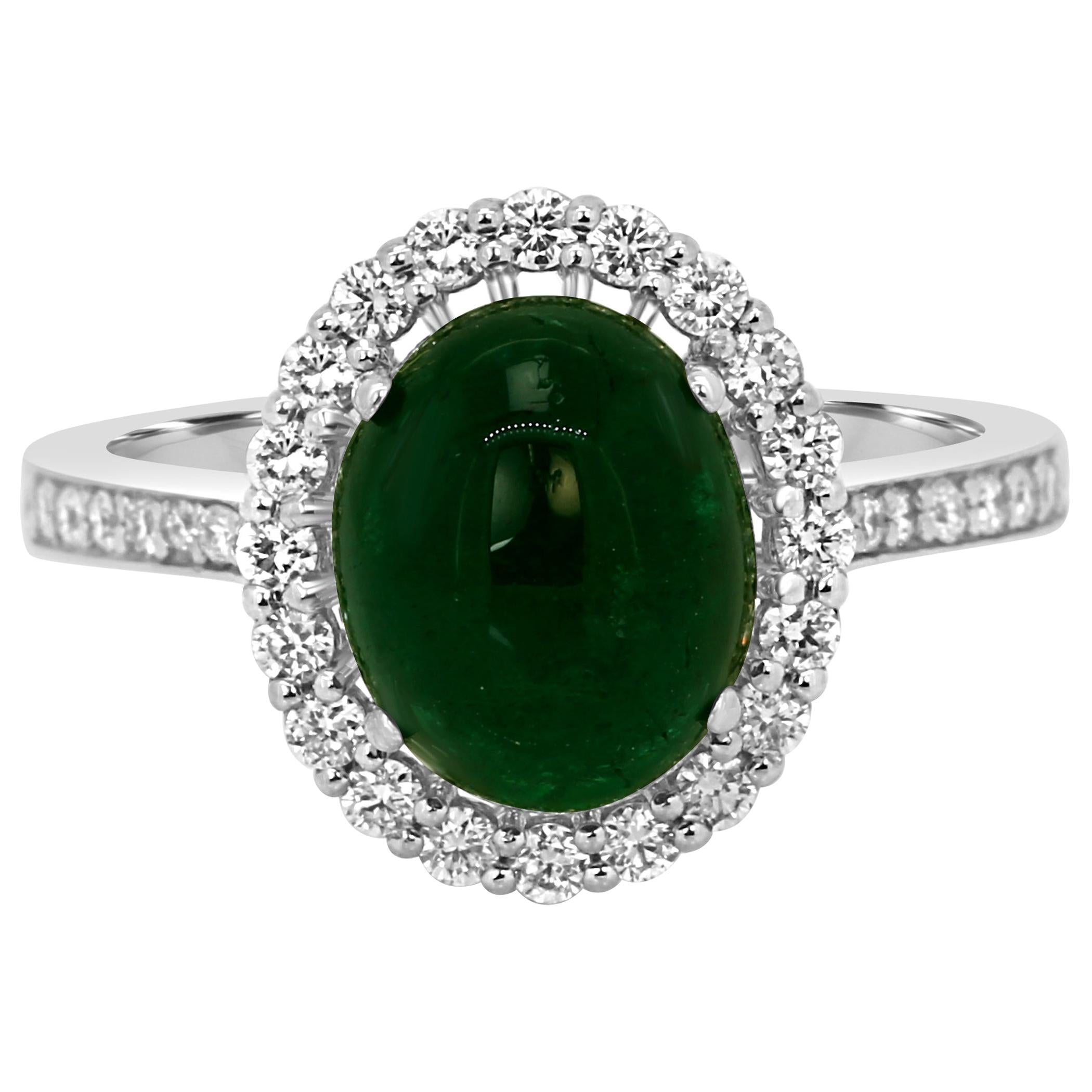 Emerald Oval Cabochon Diamond Halo White Gold Fashion Bridal Cocktail Ring