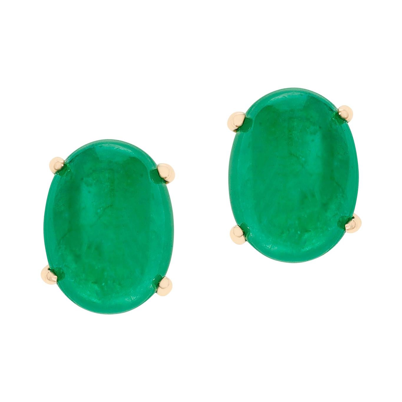Emerald Oval Cabochon Stud Earrings Made in 14 Karat Yellow Gold