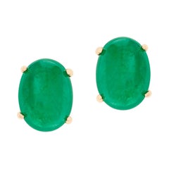 Emerald Oval Cabochon Stud Earrings Made in 14 Karat Yellow Gold