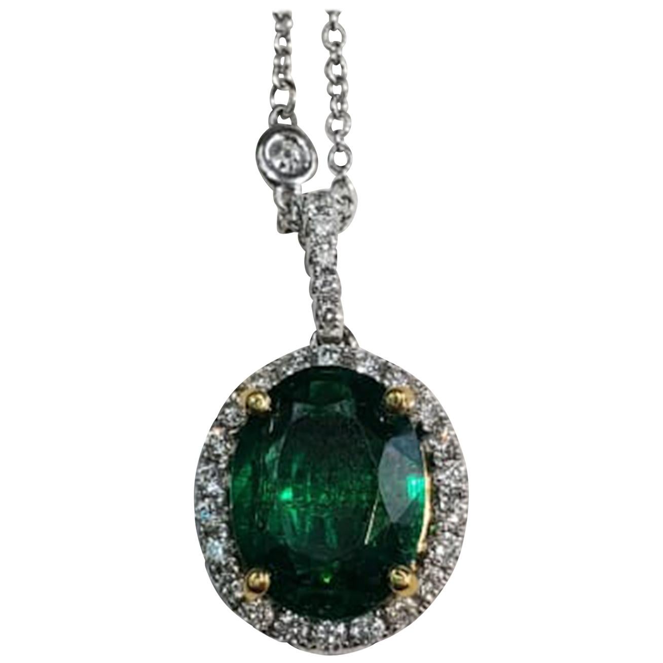 Emerald Oval Cut Pendant Necklace with Diamonds