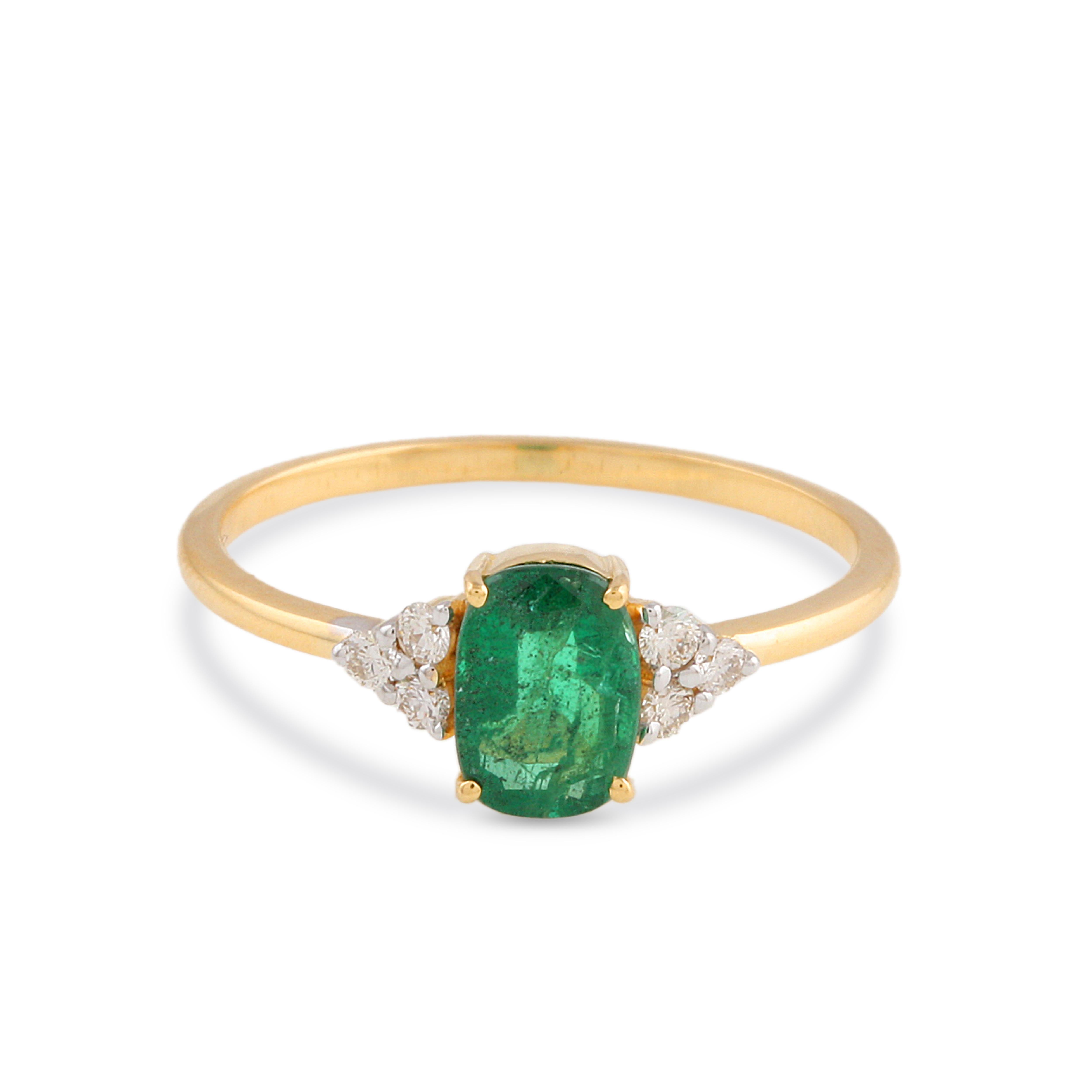 Tresor Beautiful Ring feature 0.65 carats of Emerald and 0.05 carats of Diamond. The Ring are an ode to the luxurious yet classic beauty with sparkly gemstones and feminine hues. Their contemporary and modern design make them perfect and versatile
