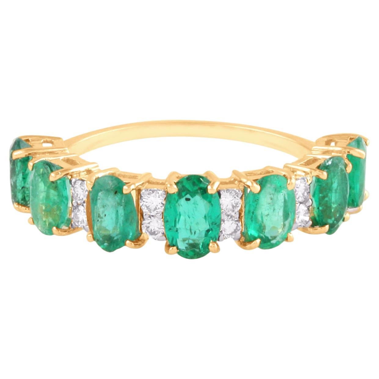 Emerald Oval & Diamond Ring In 18K Yellow Gold For Sale