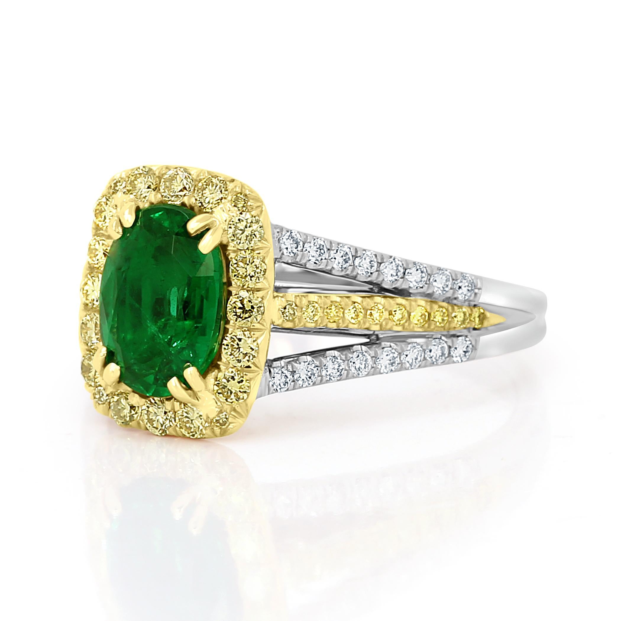 Gorgeous Emerald oval 1.25 Carat Encircled in a Halo of Natural Fancy Yellow Diamonds 0.36 Carat with White Diamond Rounds 0.21 Carat on the Shank in 18K White and Yellow Gold Ring.

Style available in different price ranges. Prices are based on