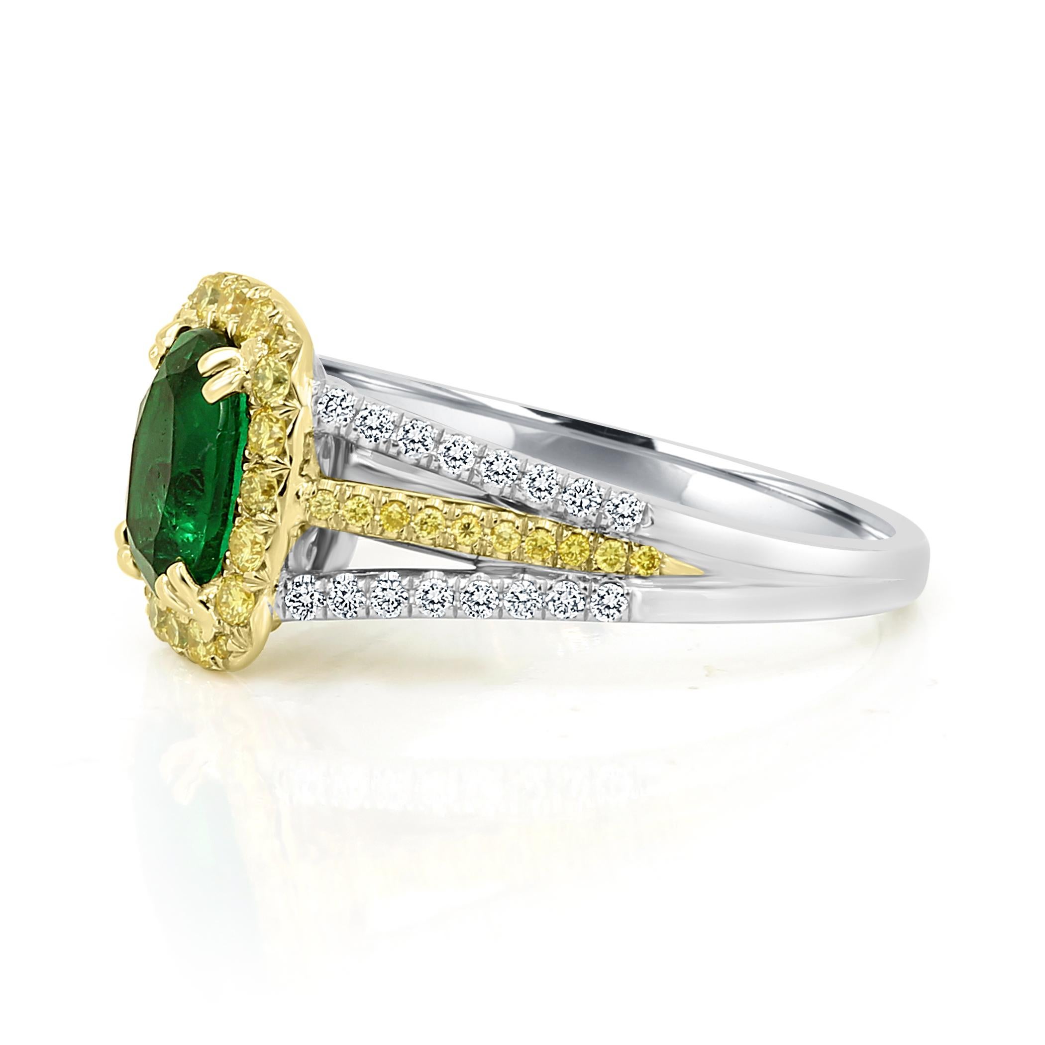Modern Emerald Oval Fancy Yellow Diamond Halo Two-Color Gold Bridal Fashion Ring