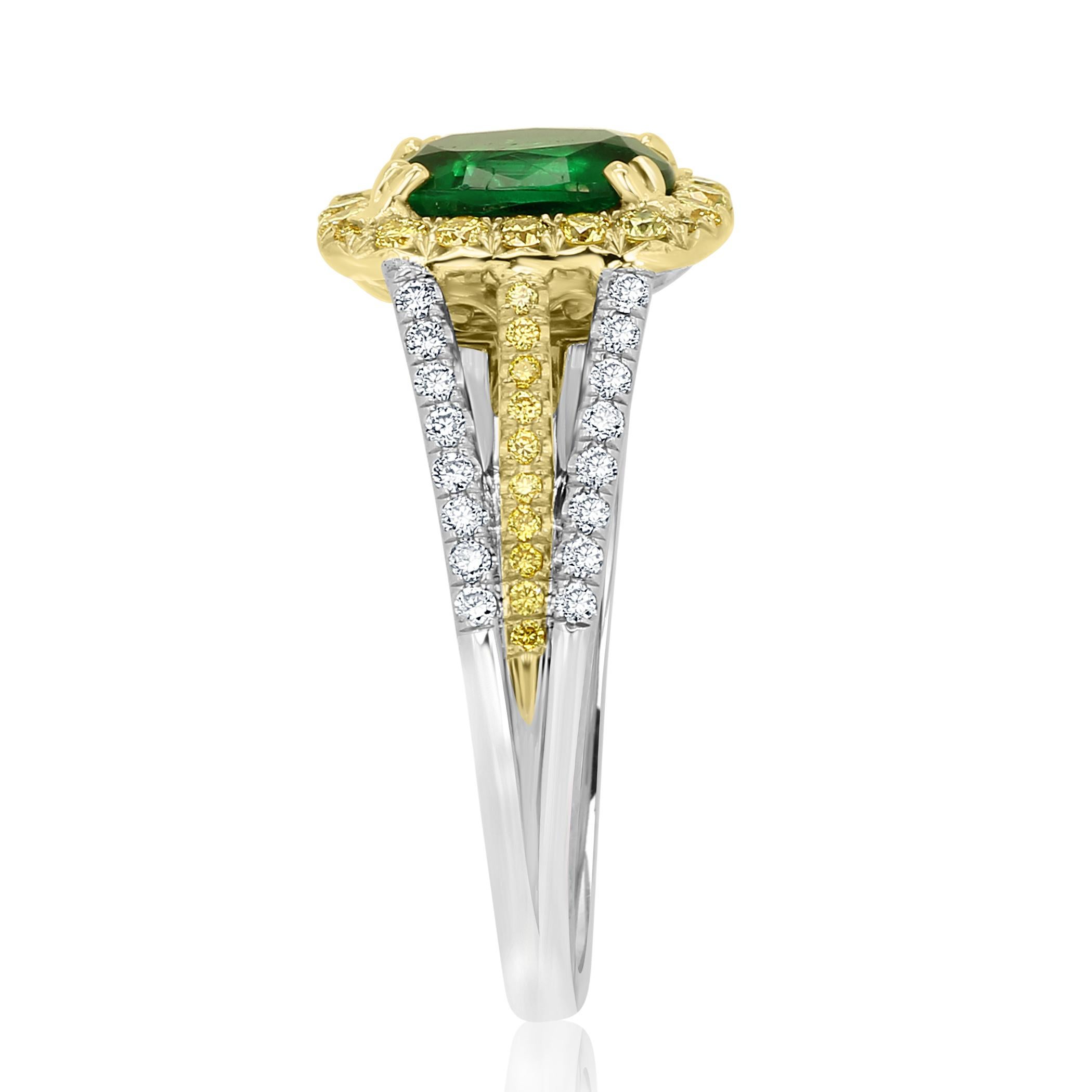 Oval Cut Emerald Oval Fancy Yellow Diamond Halo Two-Color Gold Bridal Fashion Ring