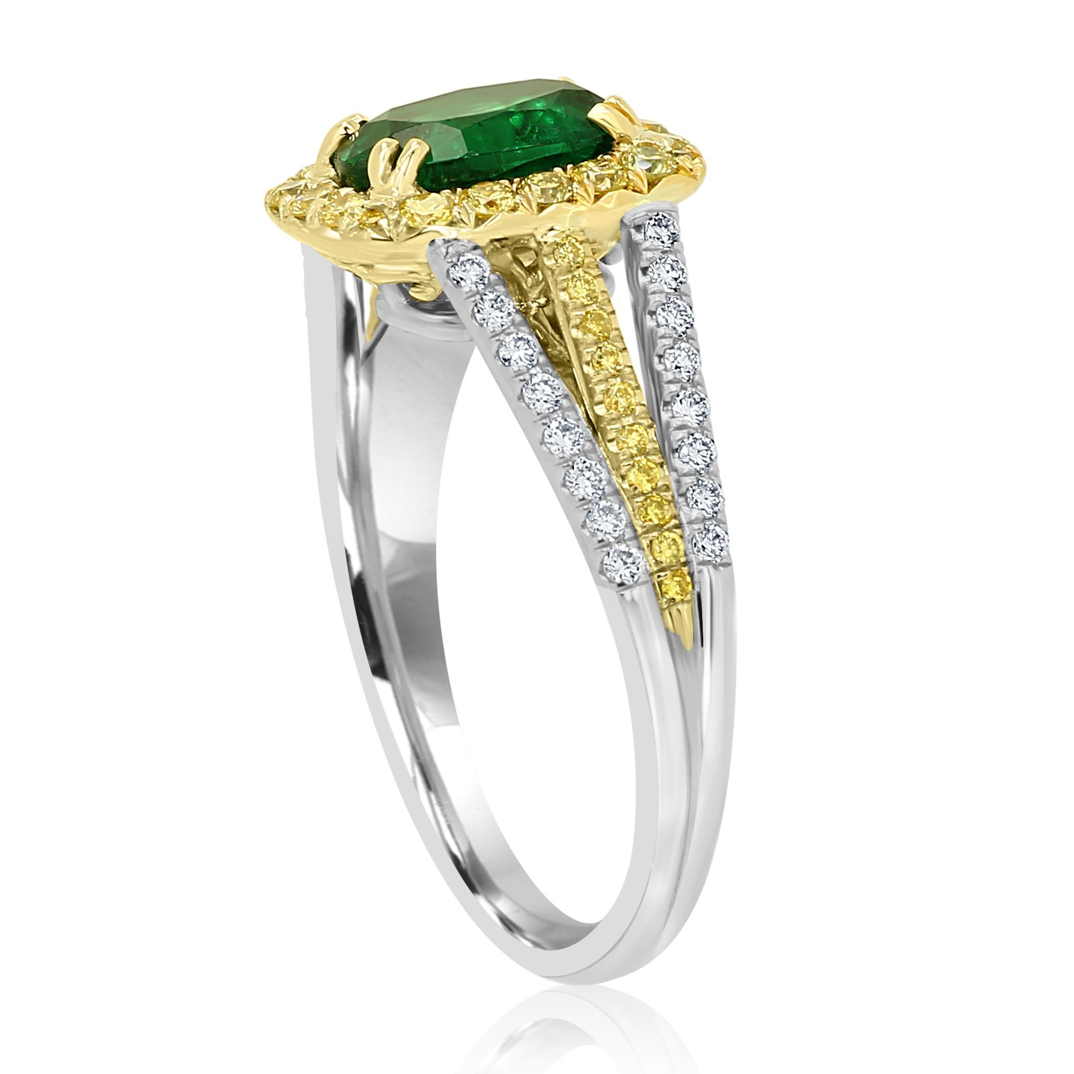 Emerald Oval Fancy Yellow Diamond Halo Two-Color Gold Bridal Fashion Ring In New Condition In NEW YORK, NY