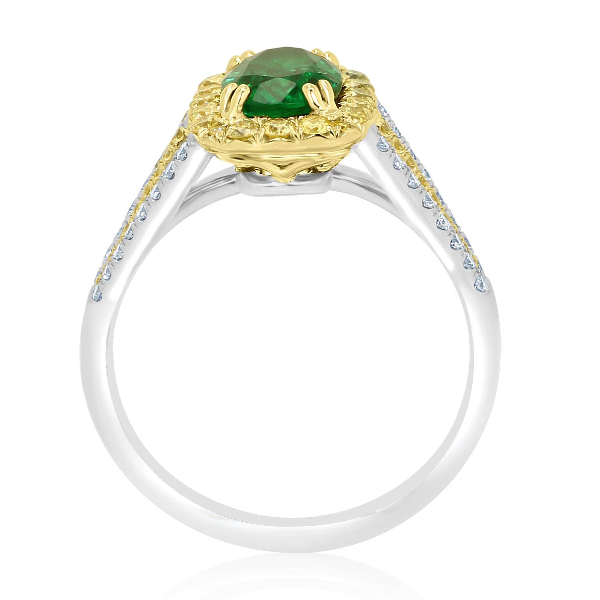 Women's Emerald Oval Fancy Yellow Diamond Halo Two-Color Gold Bridal Fashion Ring