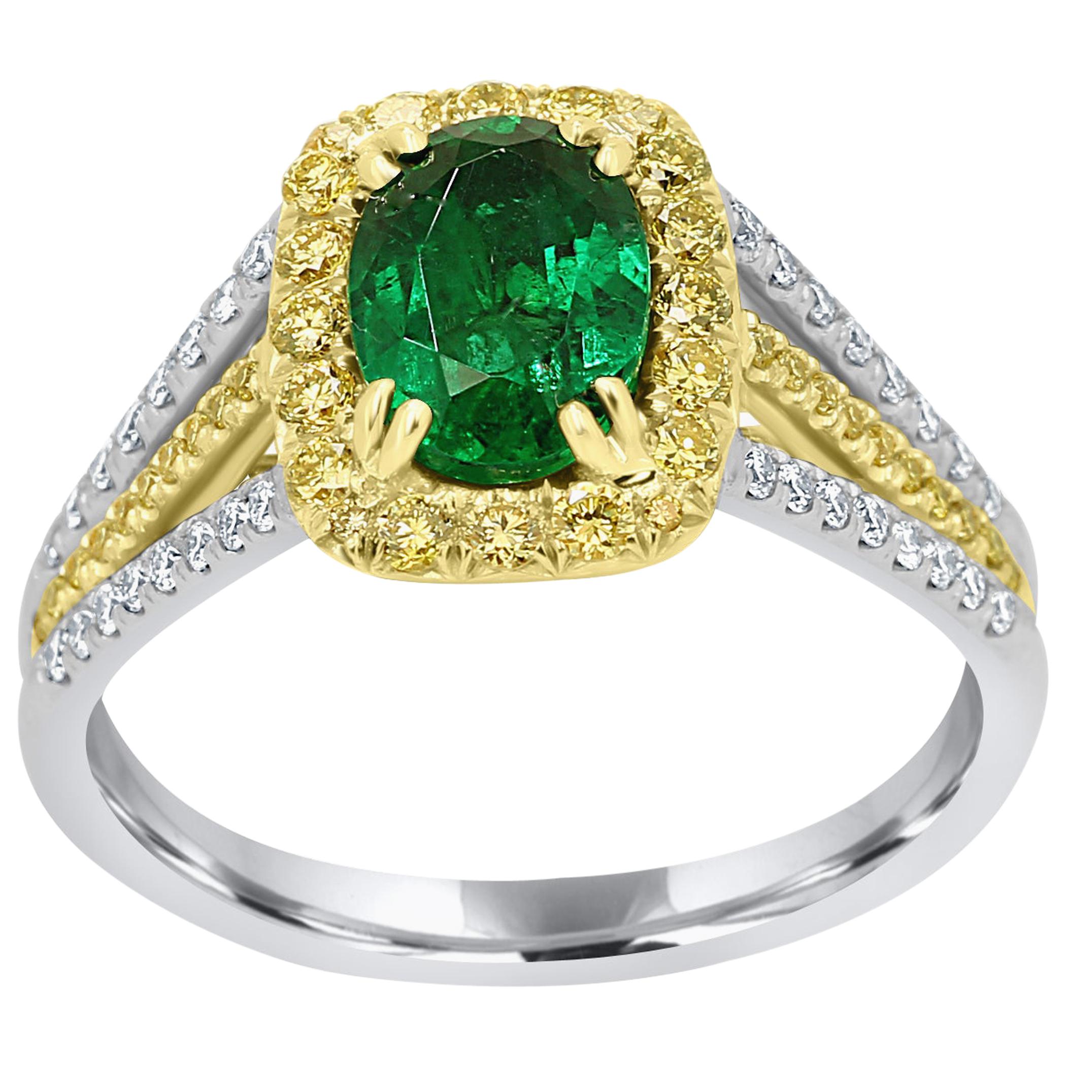 Emerald Oval Fancy Yellow Diamond Halo Two-Color Gold Bridal Fashion Ring
