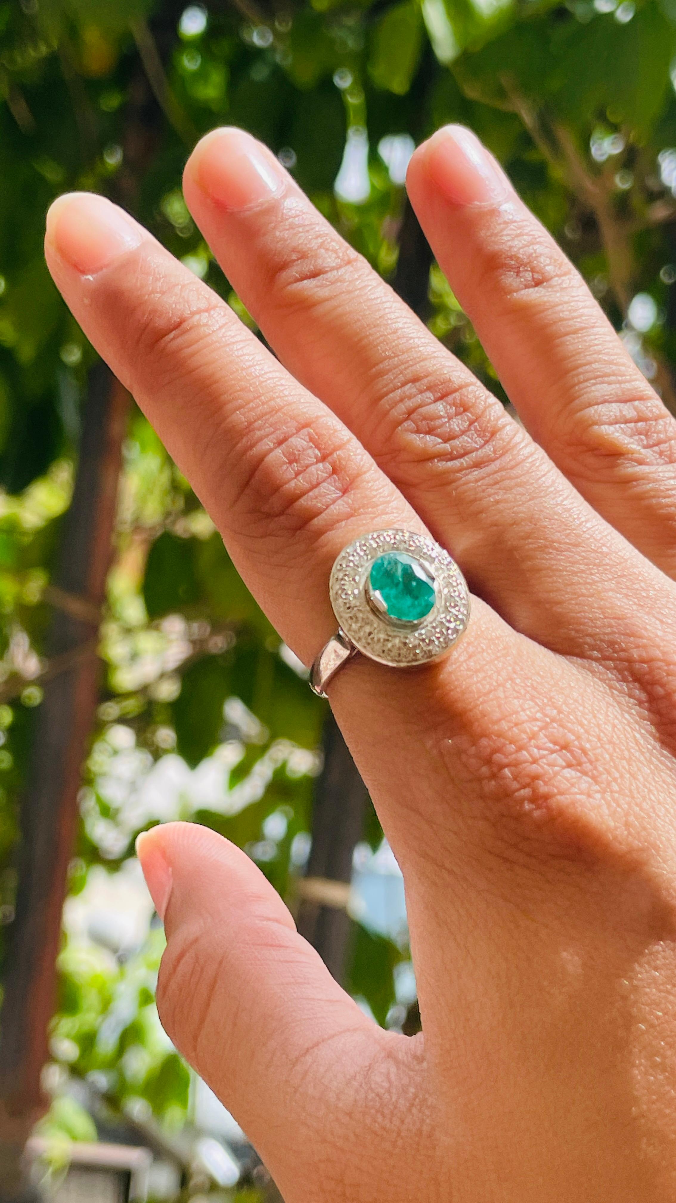 For Sale:  Emerald Oval Shape Halo Diamond Wedding Ring for Women in 18k White Gold 10