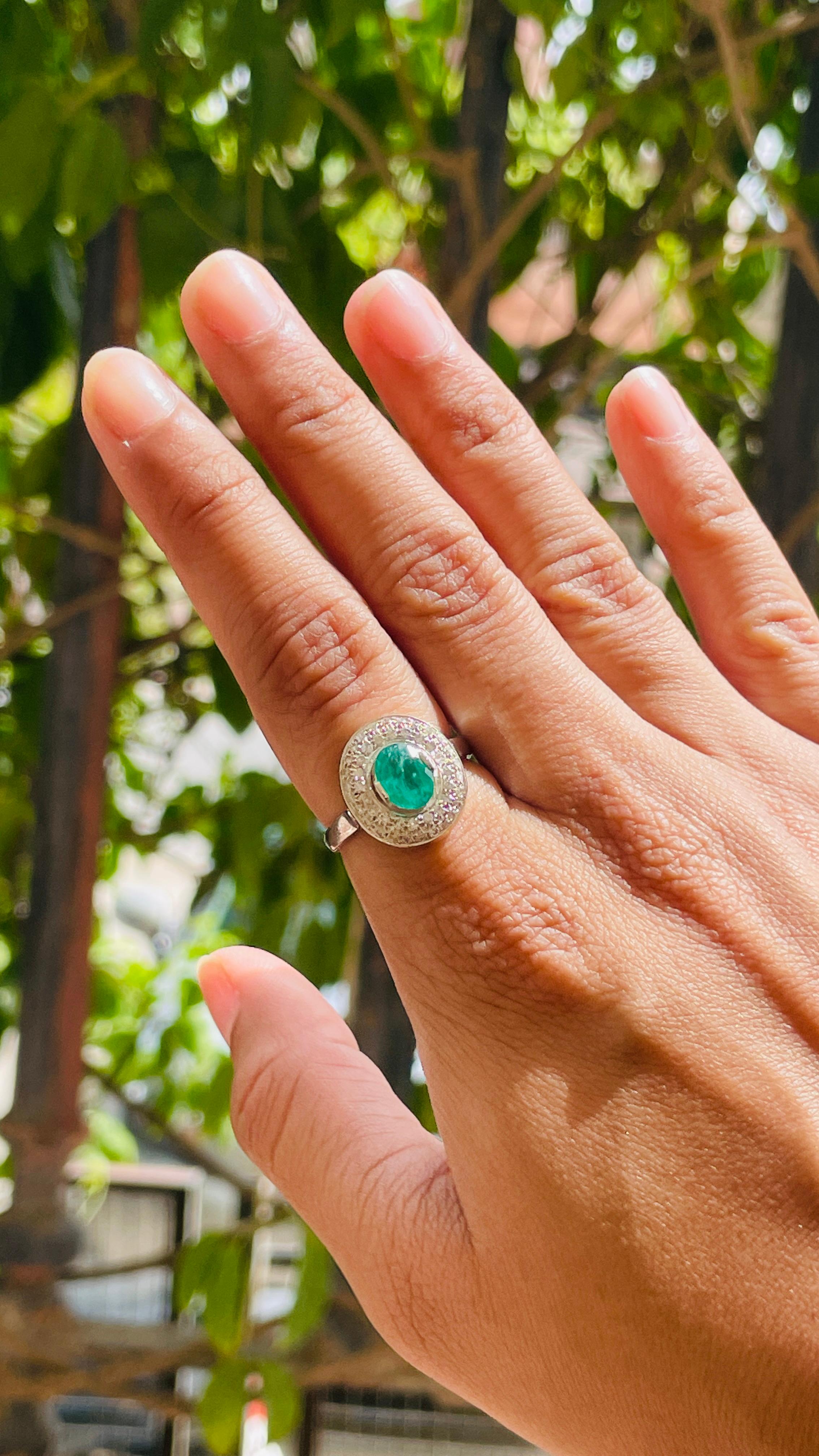 For Sale:  Emerald Oval Shape Halo Diamond Wedding Ring for Women in 18k White Gold 12