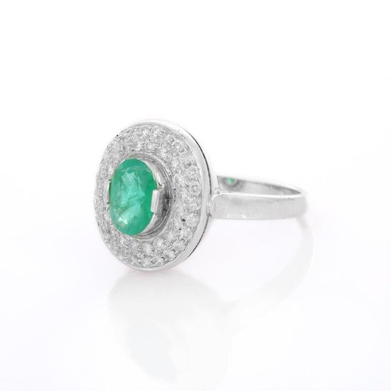 For Sale:  Emerald Oval Shape Halo Diamond Wedding Ring for Women in 18k White Gold 2