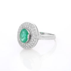 Emerald Oval Shape Halo Diamond Wedding Ring for Women in 18k White Gold
