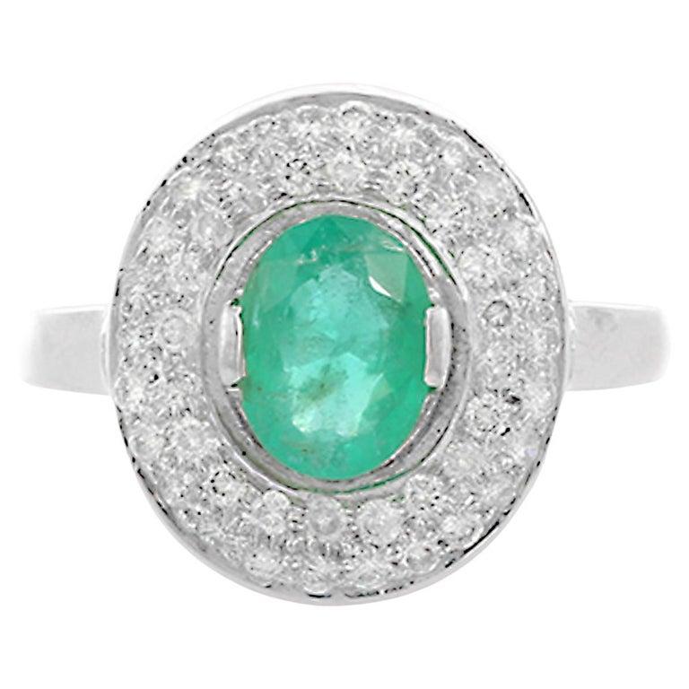 For Sale:  Emerald Oval Shape Halo Diamond Wedding Ring for Women in 18k White Gold 4