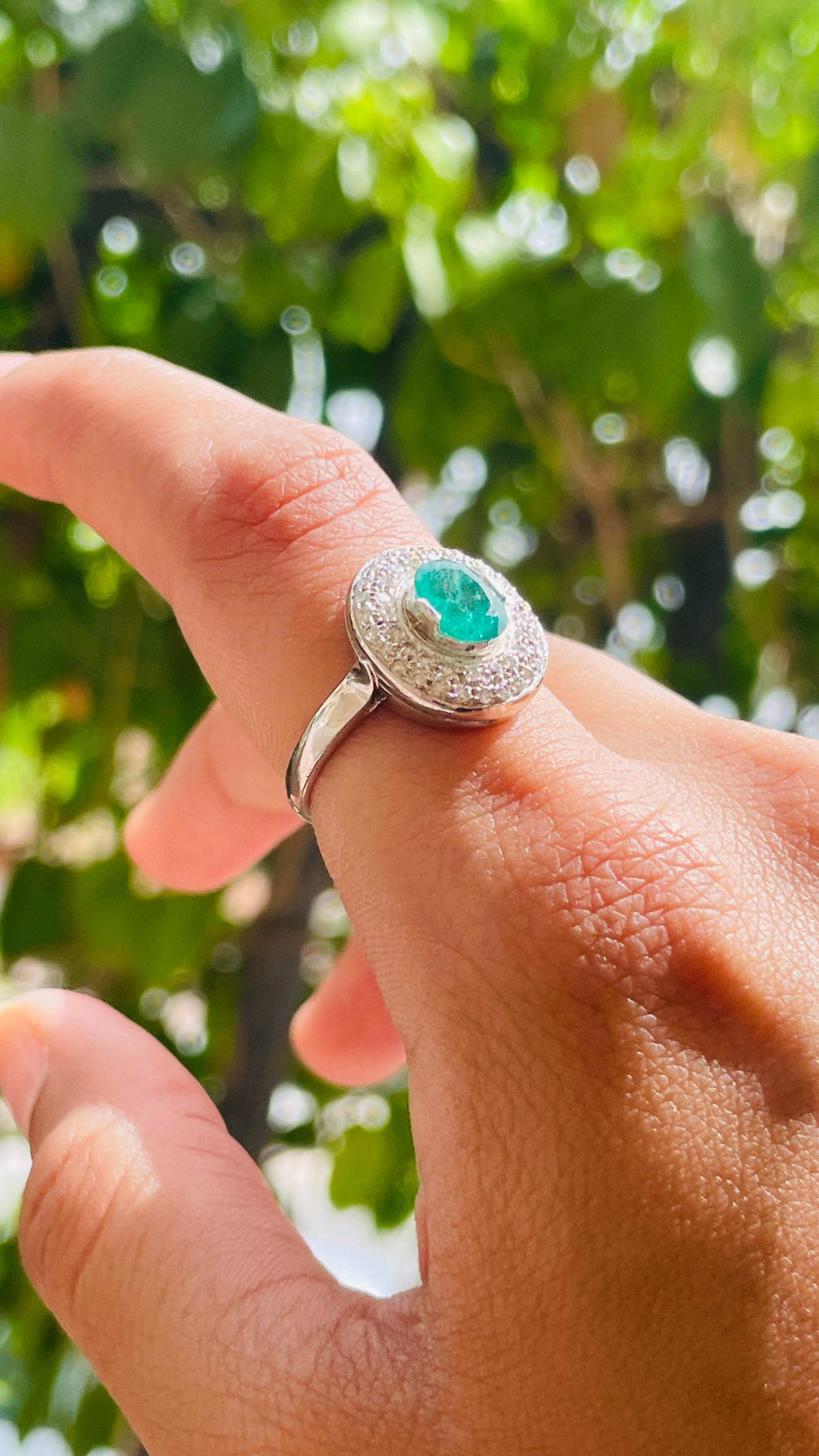For Sale:  Emerald Oval Shape Halo Diamond Wedding Ring for Women in 18k White Gold 8