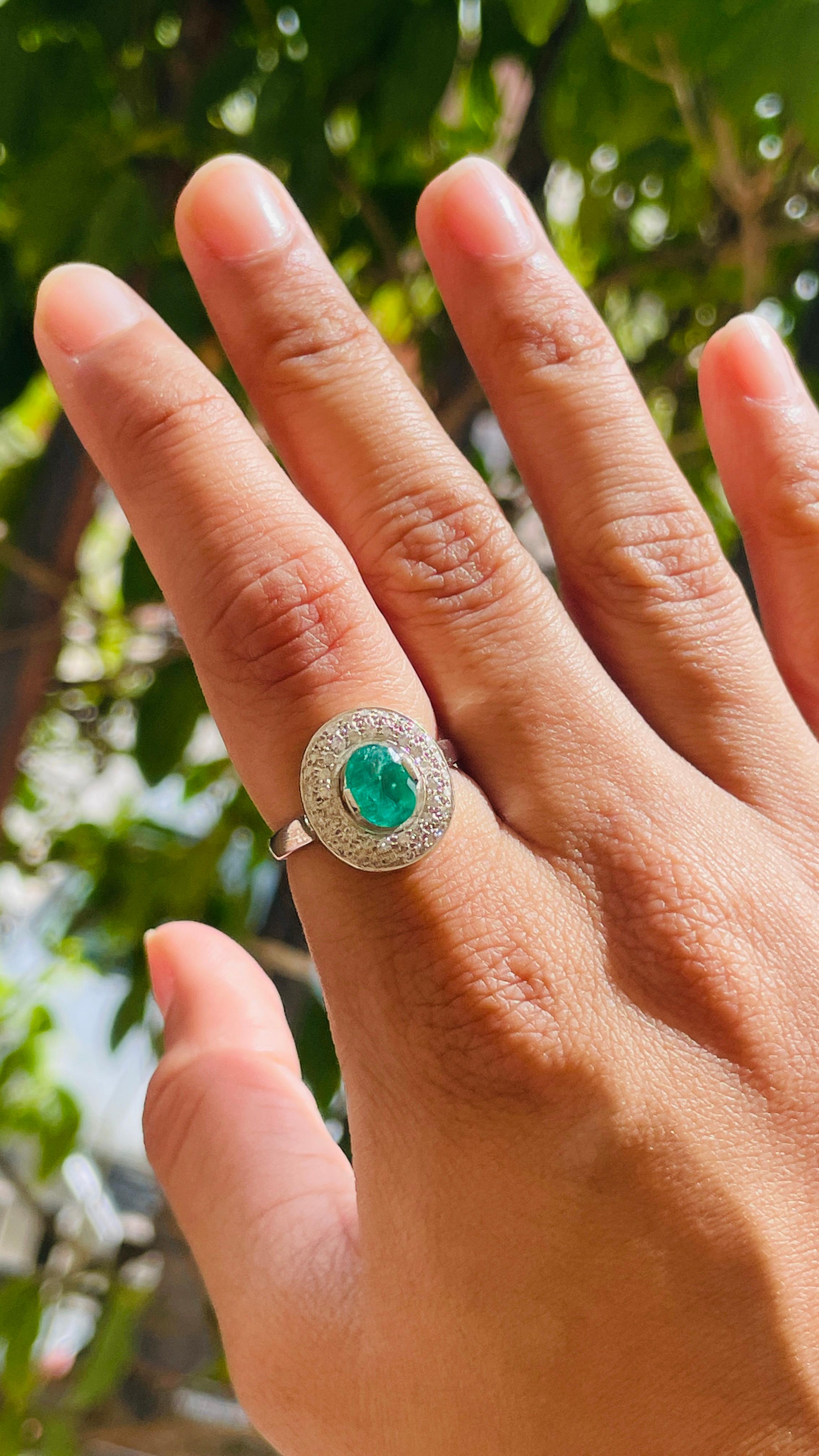 For Sale:  Emerald Oval Shape Halo Diamond Wedding Ring for Women in 18k White Gold 9