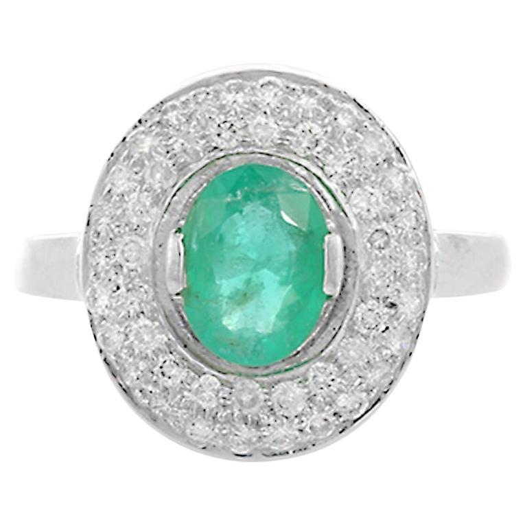 Emerald Oval Shape Halo Diamond Wedding Ring for Women in 18k White Gold