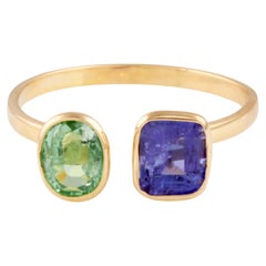 Emerald Oval & Tanzanite Square Ring In 18K Yellow Gold
