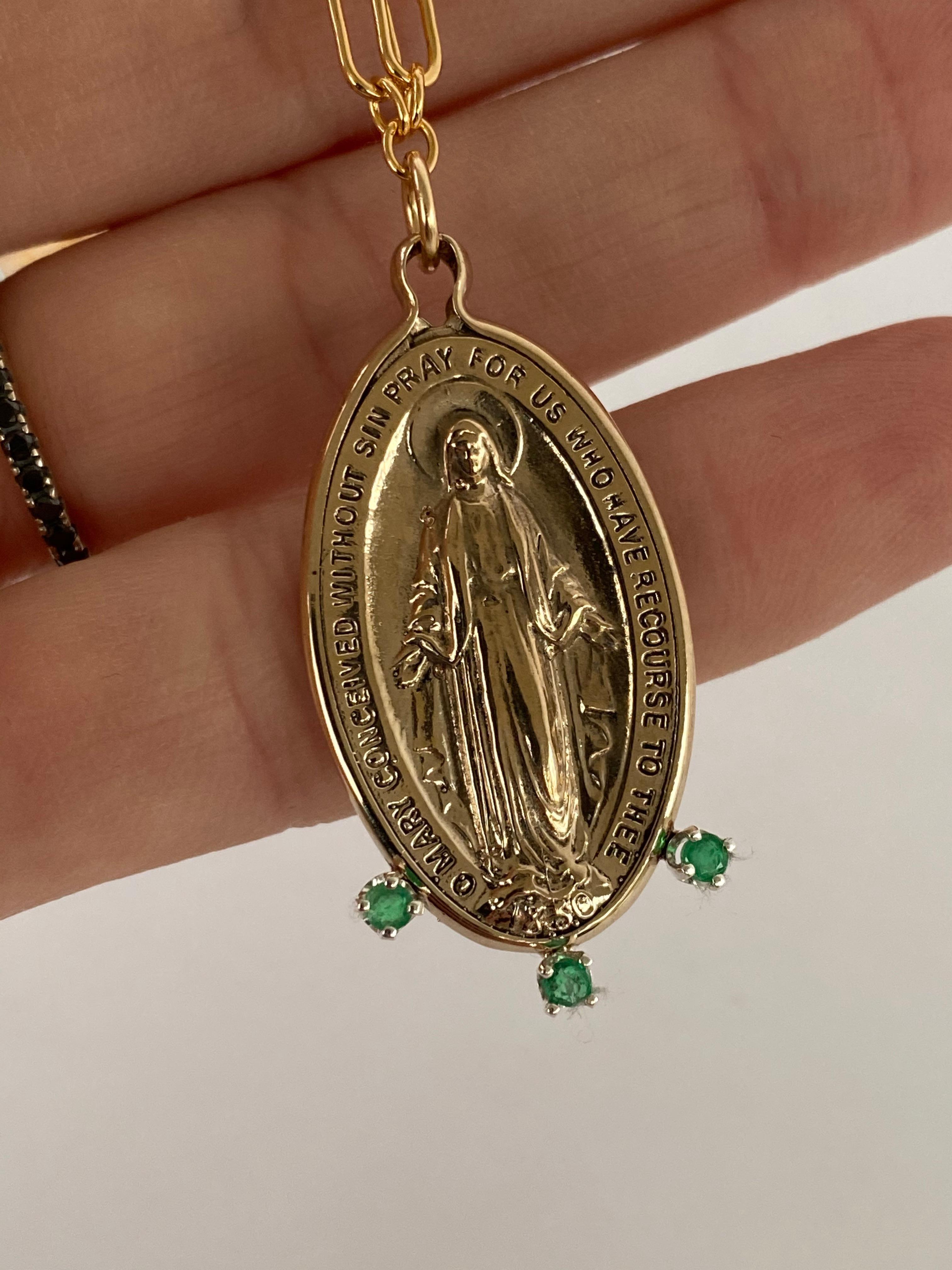 Victorian Emerald Oval Virgin Mary Medal Chain Necklace For Sale